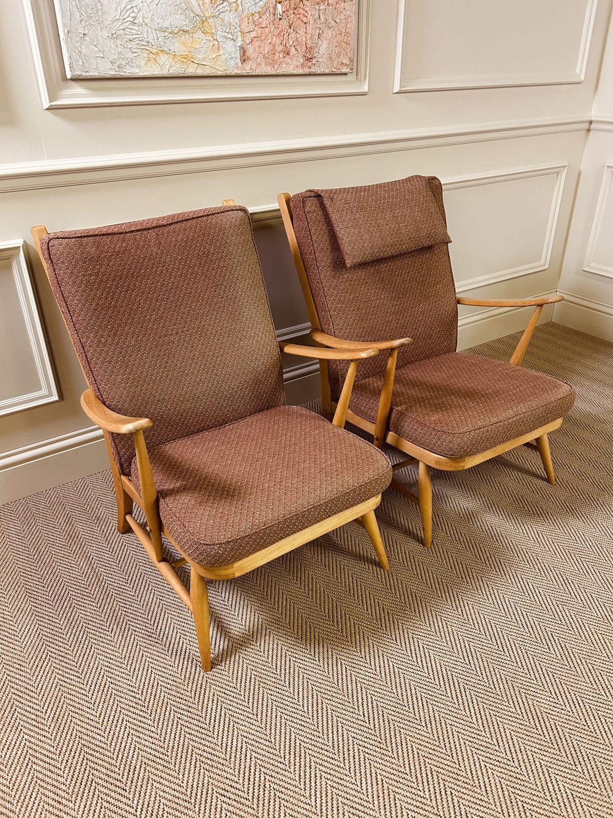 Pair Of Mid Century Ercol 403 Easy Armchairs Original Upholstery Very Rare photo 800.0