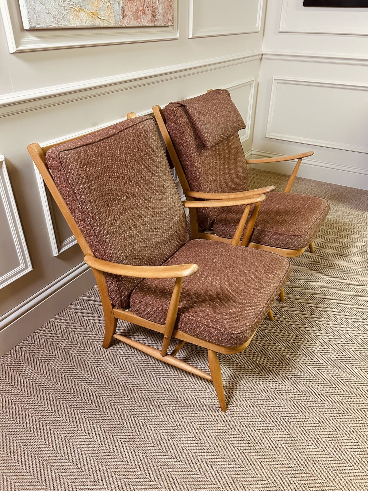 Pair Of Mid Century Ercol 403 Easy Armchairs Original Upholstery Very Rare photo vinterior