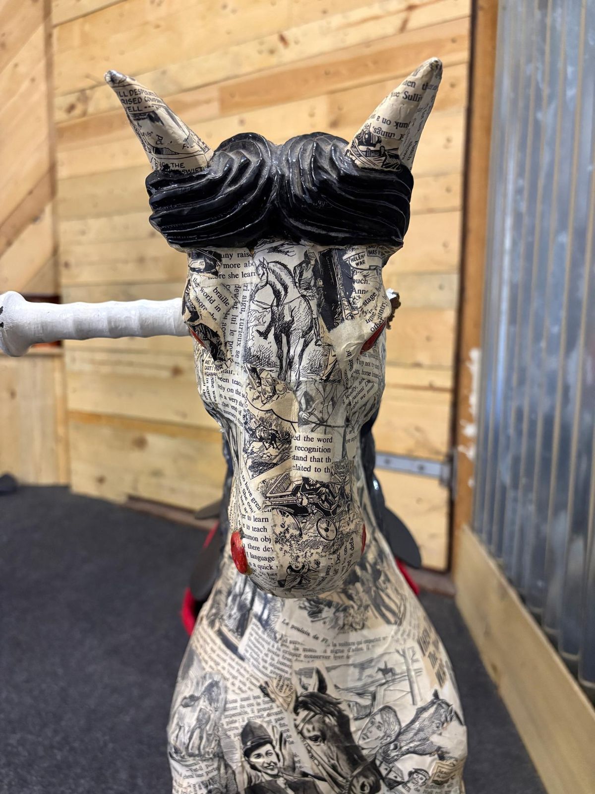 Decoupage Papier Mâché Horse Figure – Vintage Comic Print Finish – Statement Decorative Sculpture photo for sale