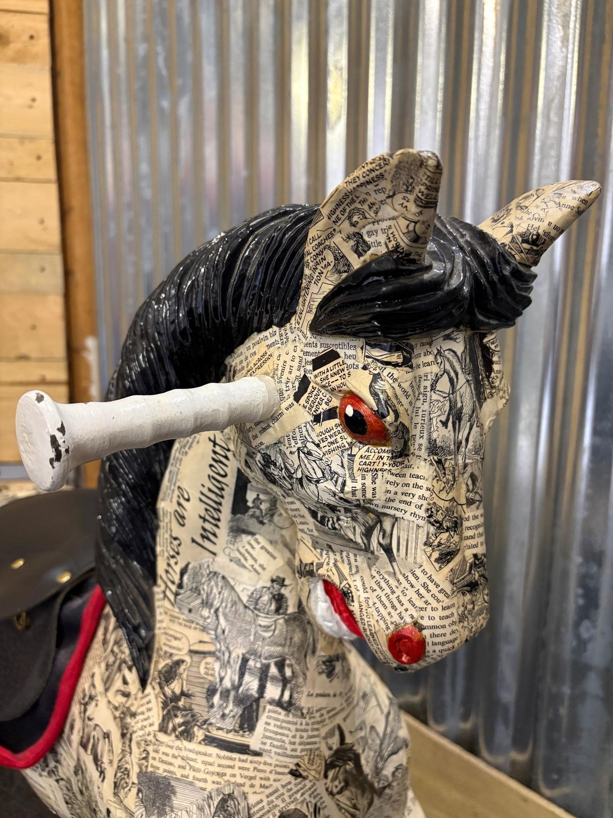 Decoupage Papier Mâché Horse Figure – Vintage Comic Print Finish – Statement Decorative Sculpture photo Art