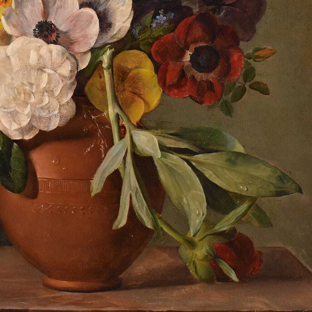 Antique Floral Painting, Peonies And Roses Flowers, Oil On Canvas, 19th Century photo vinterior