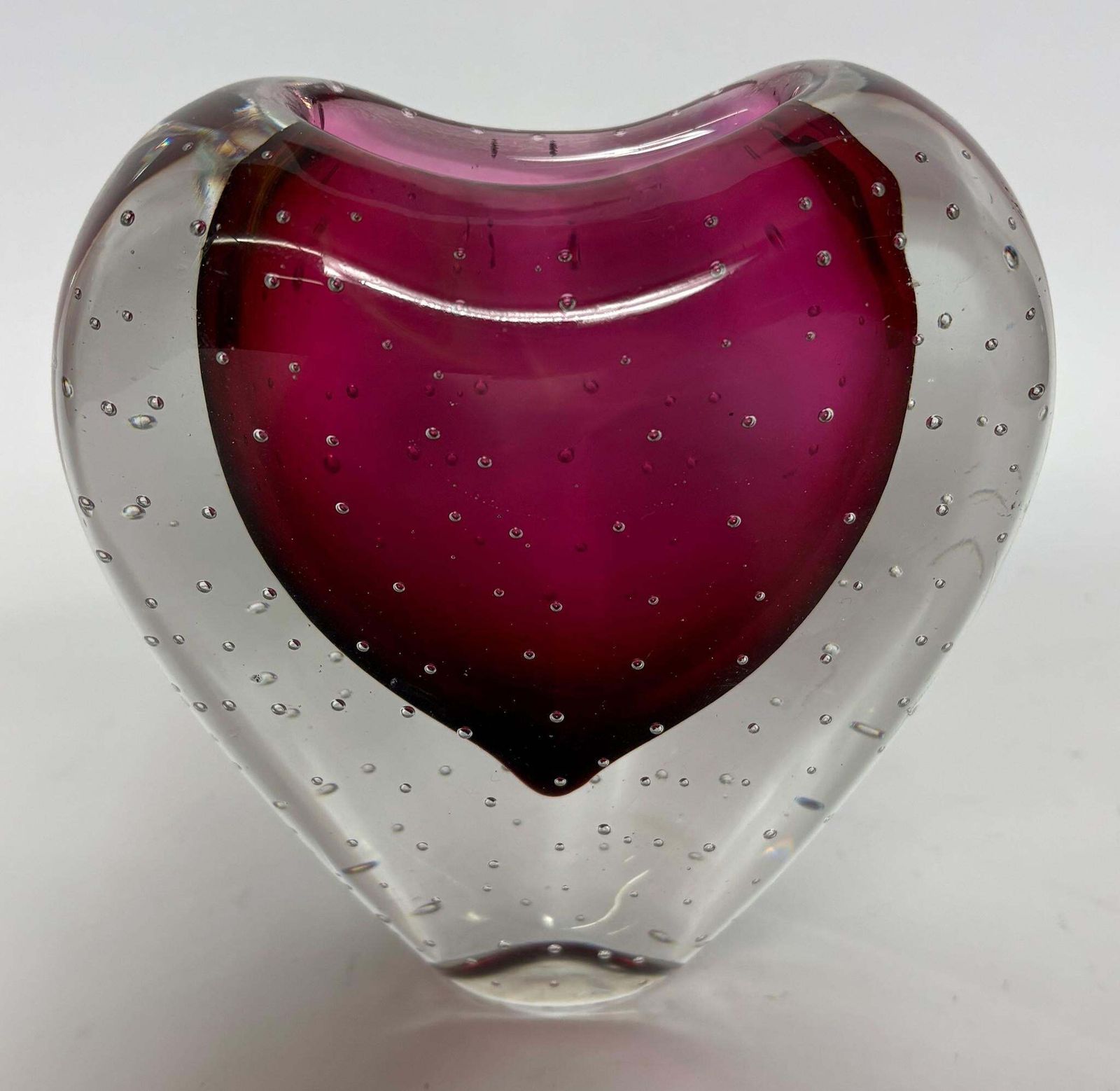 Heart Vase In Ruby Pink Cased Glass   Murano Style Bullicante – Mid Century Modern Art Glass
