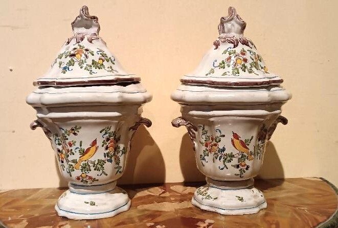 Pair Of Decorated Earthenware Vases, 18th Century, France