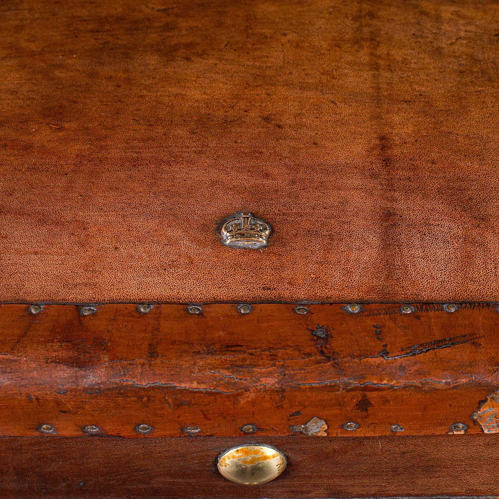 photo for sale Pair Of Late Vintage Campaign Luggage Trunks, English Leather Bedside Nightstand