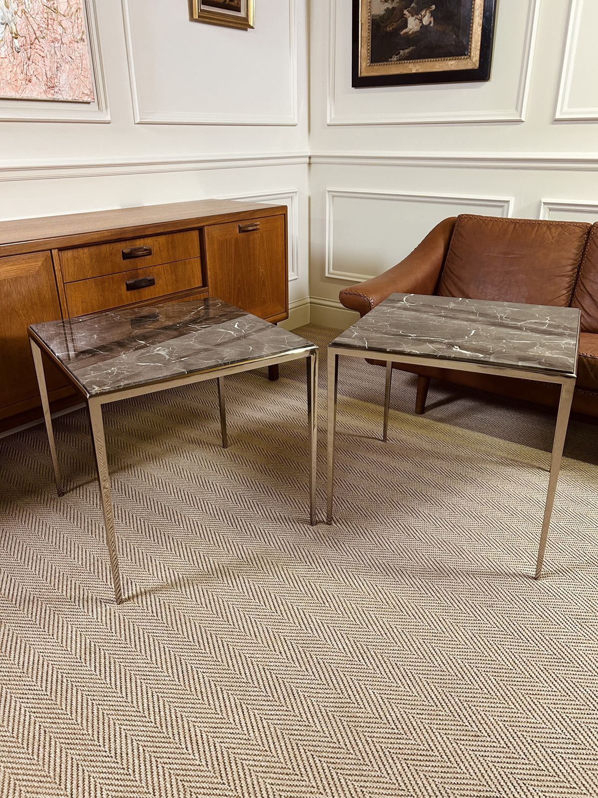 Pair Of Luxury Eichholtz Henley Side Tables Marble Top Nickel Base photo furniture