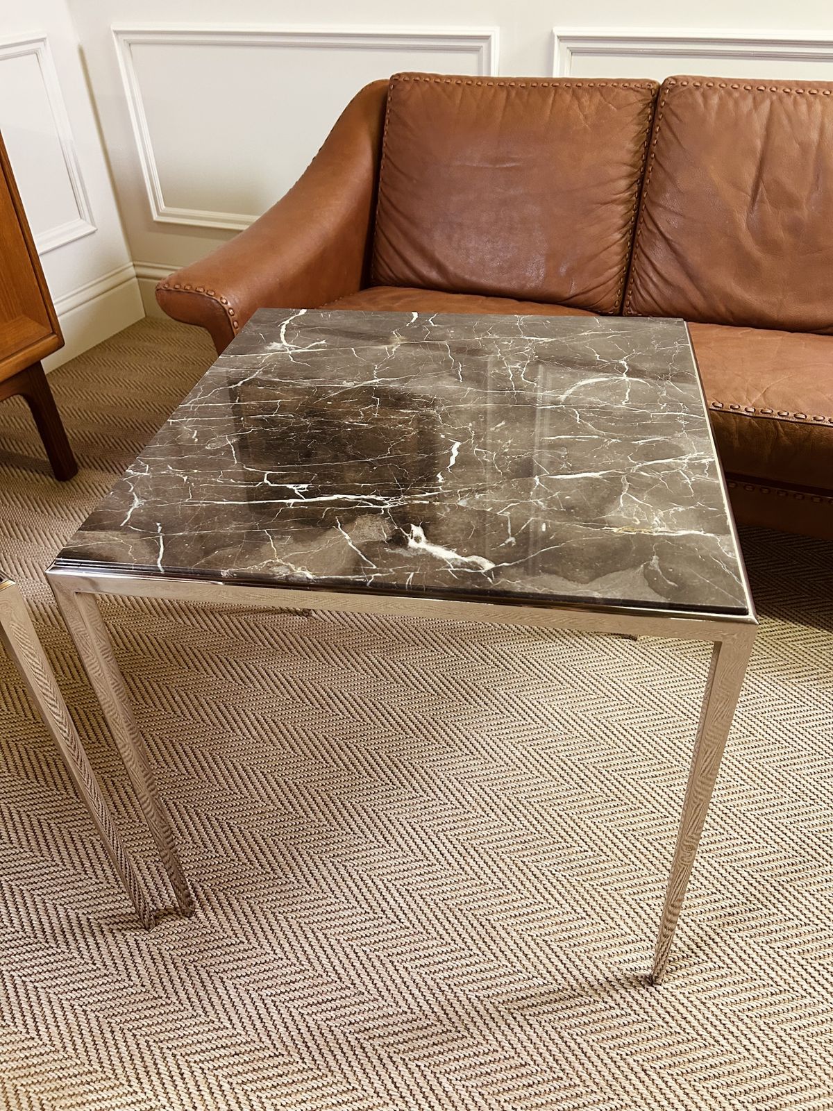 Pair Of Luxury Eichholtz Henley Side Tables Marble Top Nickel Base photo vinterior