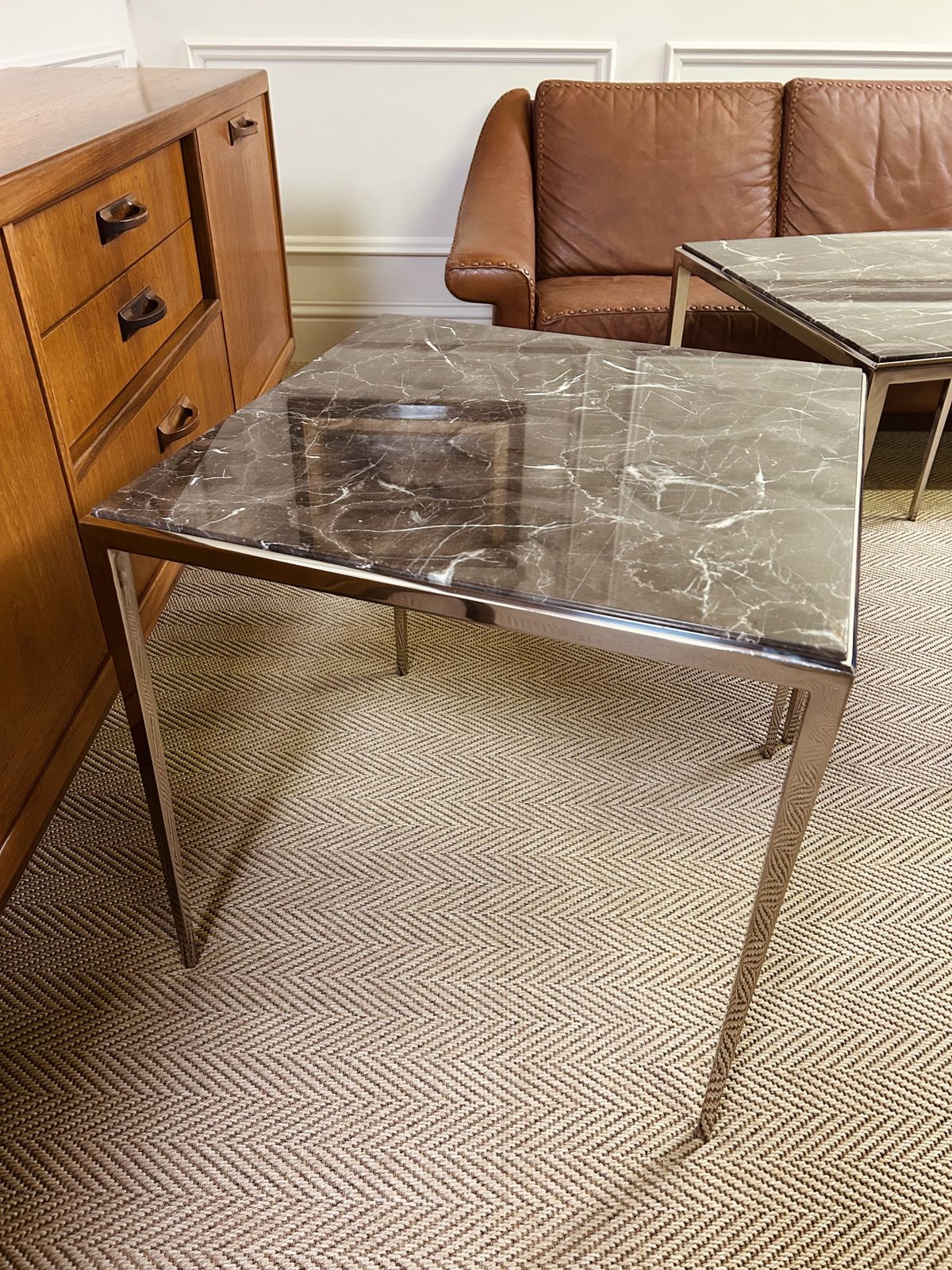 Pair Of Luxury Eichholtz Henley Side Tables Marble Top Nickel Base photo vintage