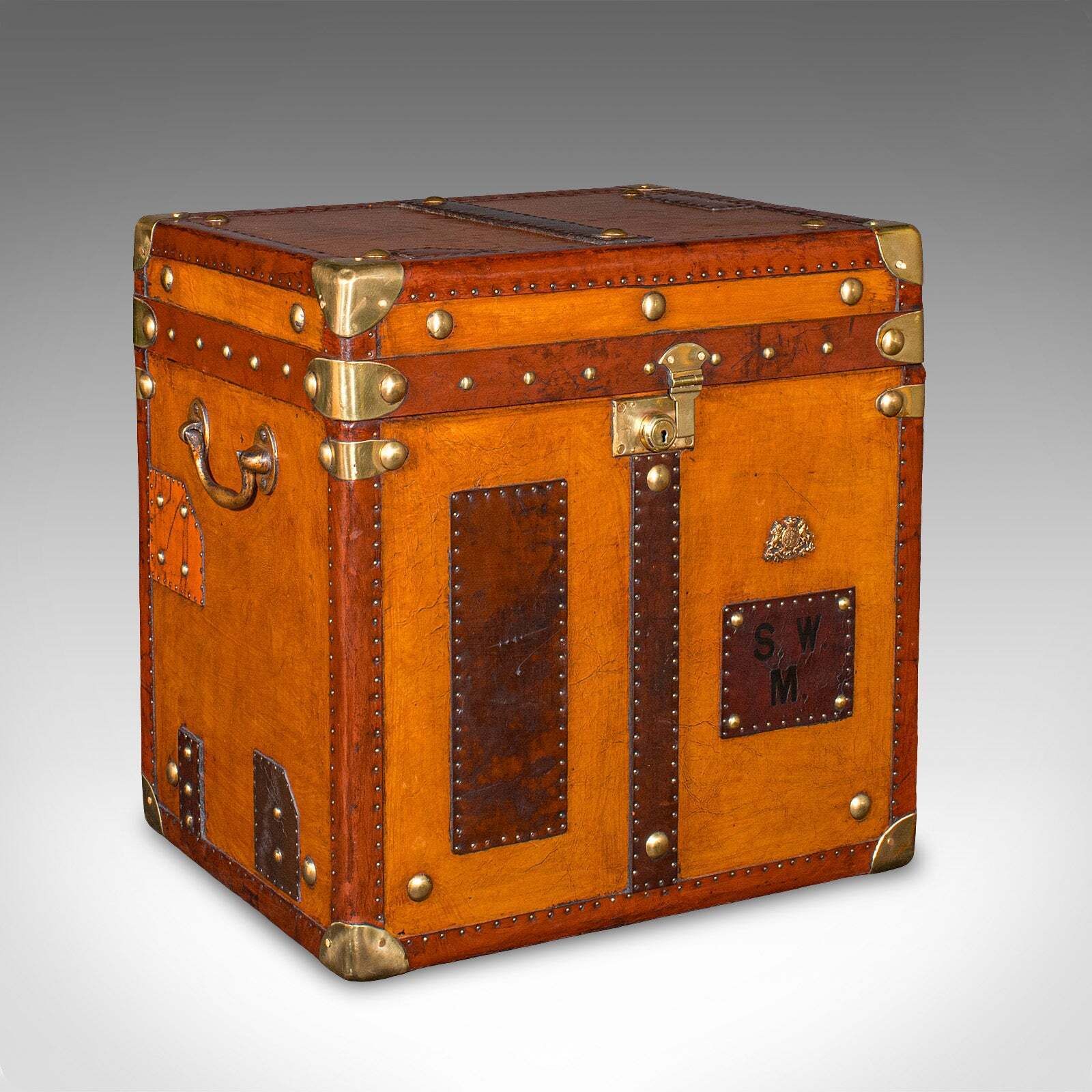Pair Of Late Vintage Luggage Cases, English Leather, Trunk, Nightstand, Campaign photo Furniture