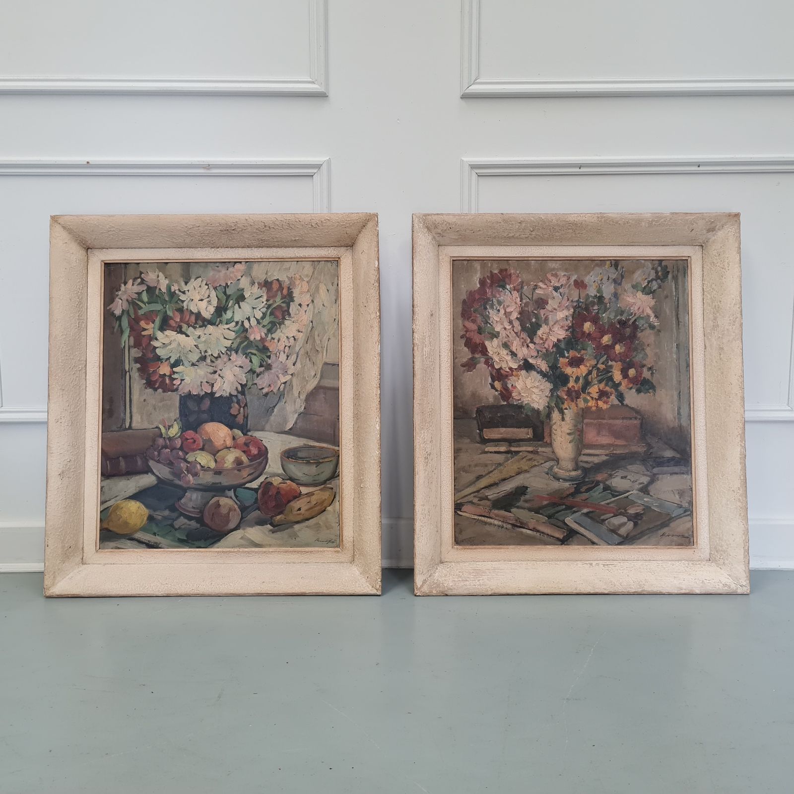 Pair Of Floral French Oil Paintings C1930 Free Delivery Uk