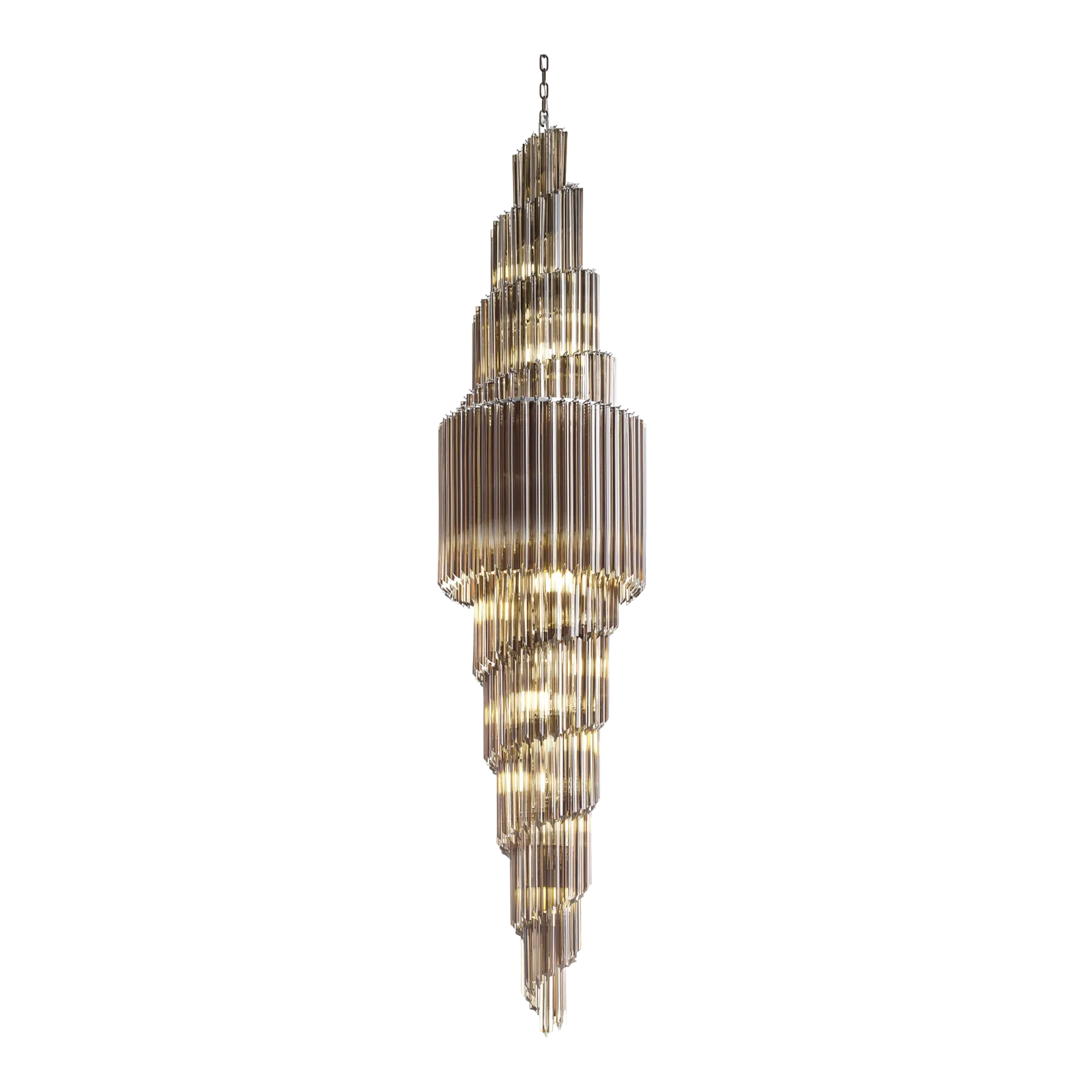 Contemporary Huge Luxury “Quadriedro” Fumè Murano Glass Gold Twister Cascade Chandelier