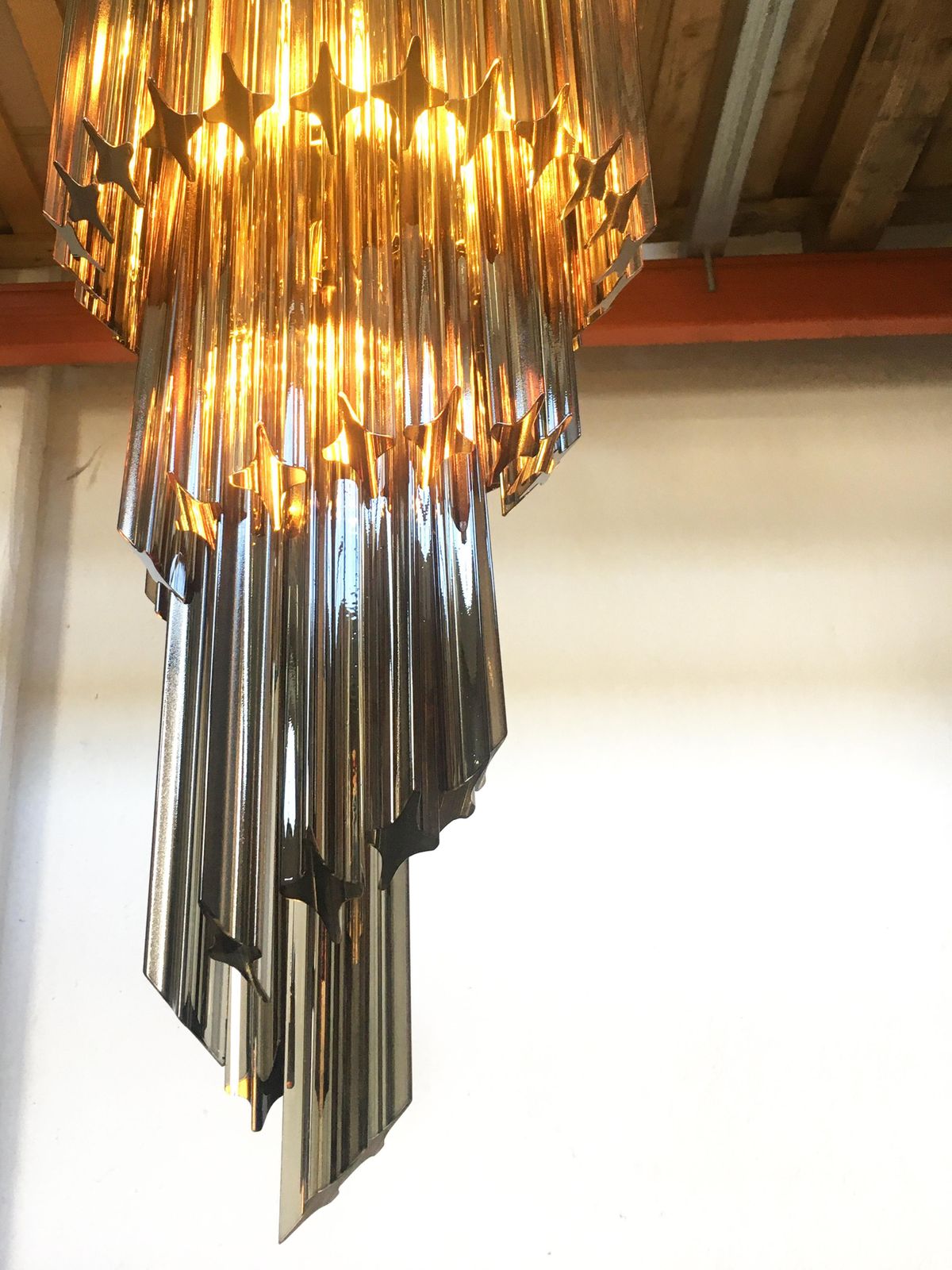Contemporary Huge Luxury “Quadriedro” Fumè Murano Glass Gold Twister Cascade Chandelier photo furniture