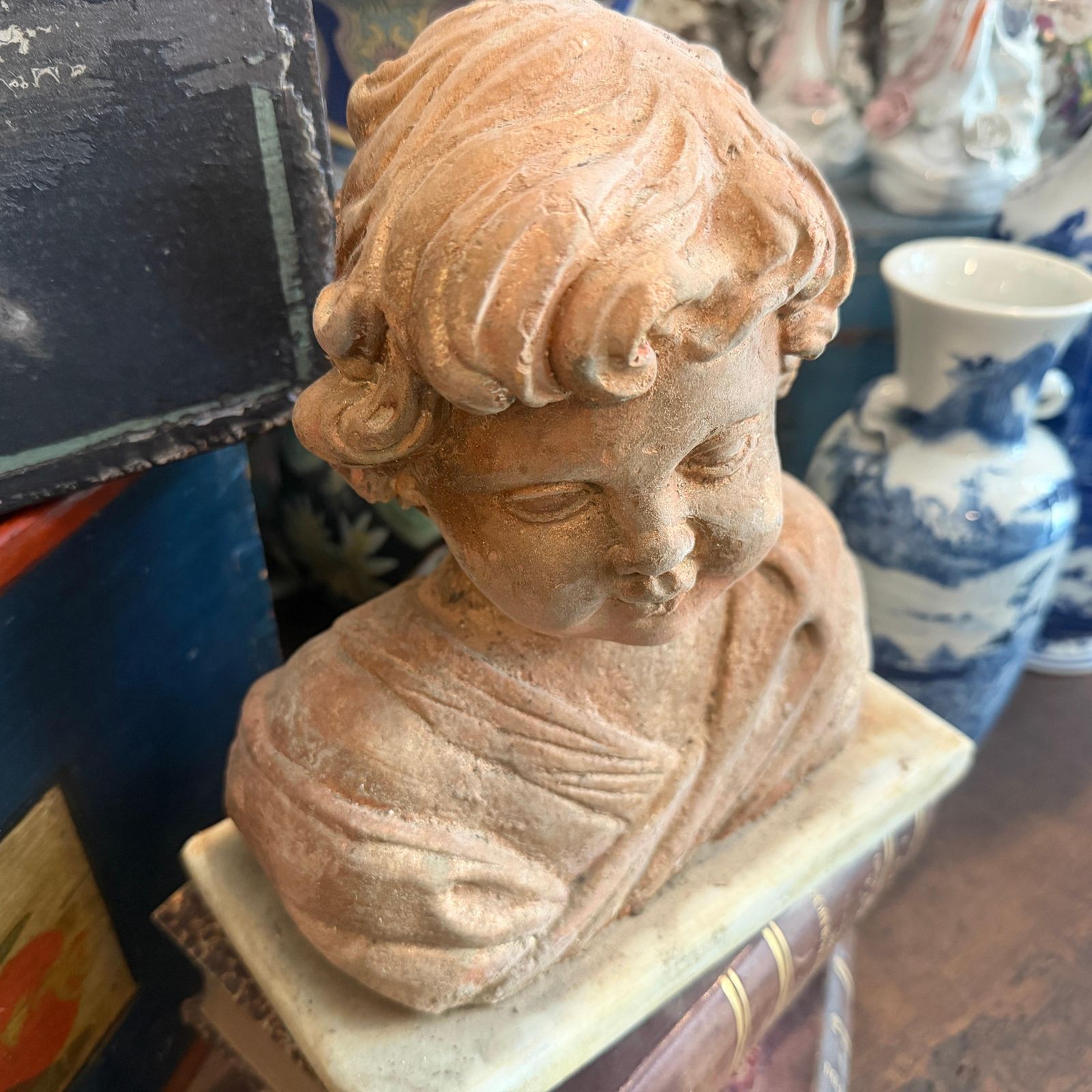 photo vinterior 1930s Mixed Stone Sicilian Sculpture Of A Putto On A Marble Base