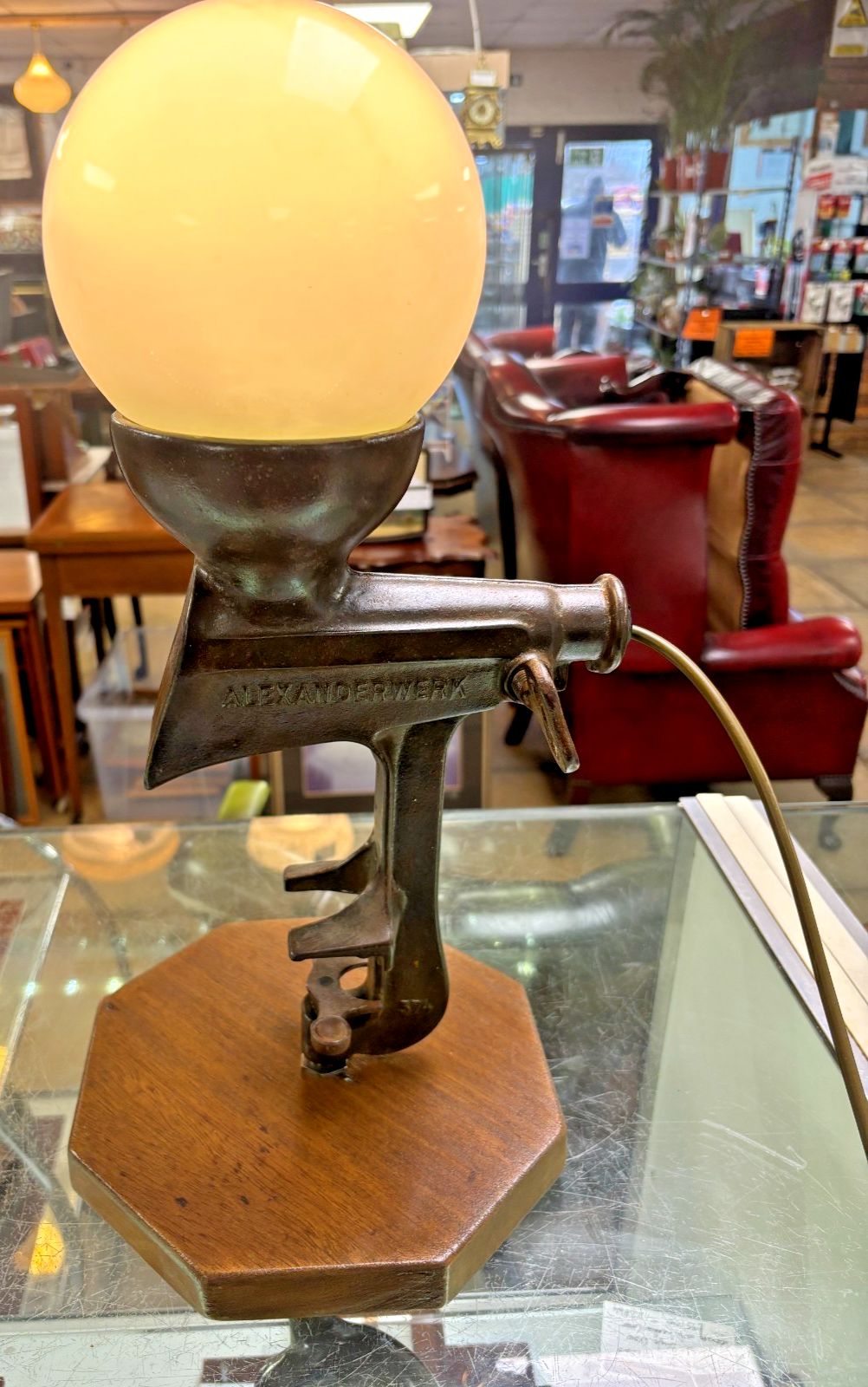 Steam Punk Cast Iron Mixer Converted Table Lamp With Milk Glass Shade