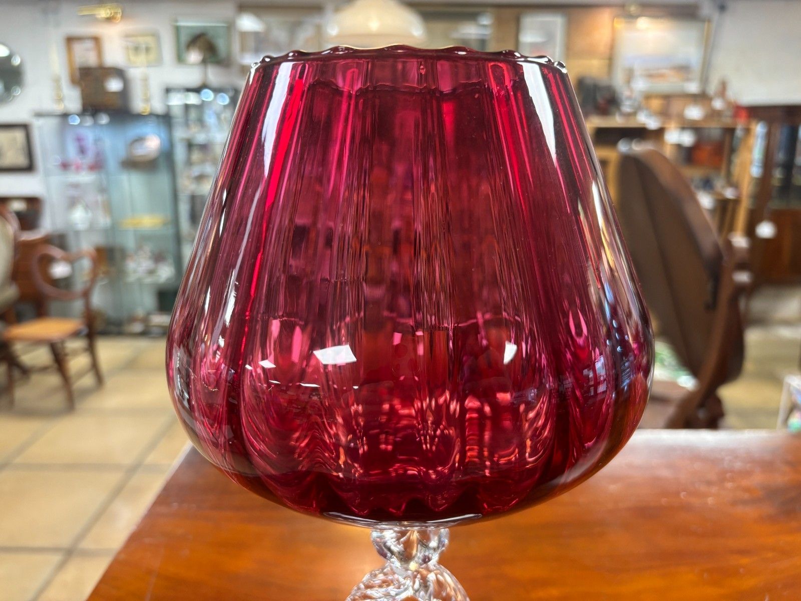 1960's Vintage Hand Blown Cranberry & Clear Glass Vase/ Pedestal Bowl photo furniture