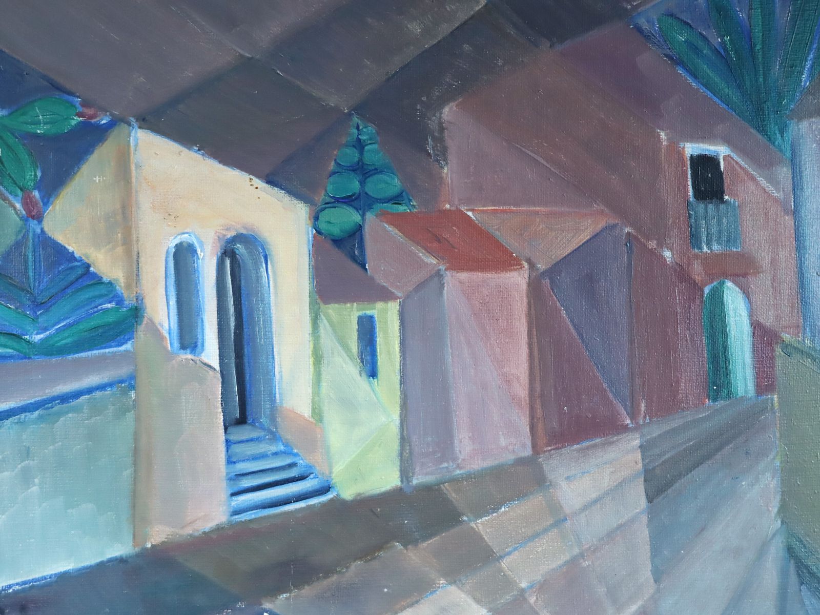 Cubist Street  Oil Painting, Mid 20th Century photo vintage