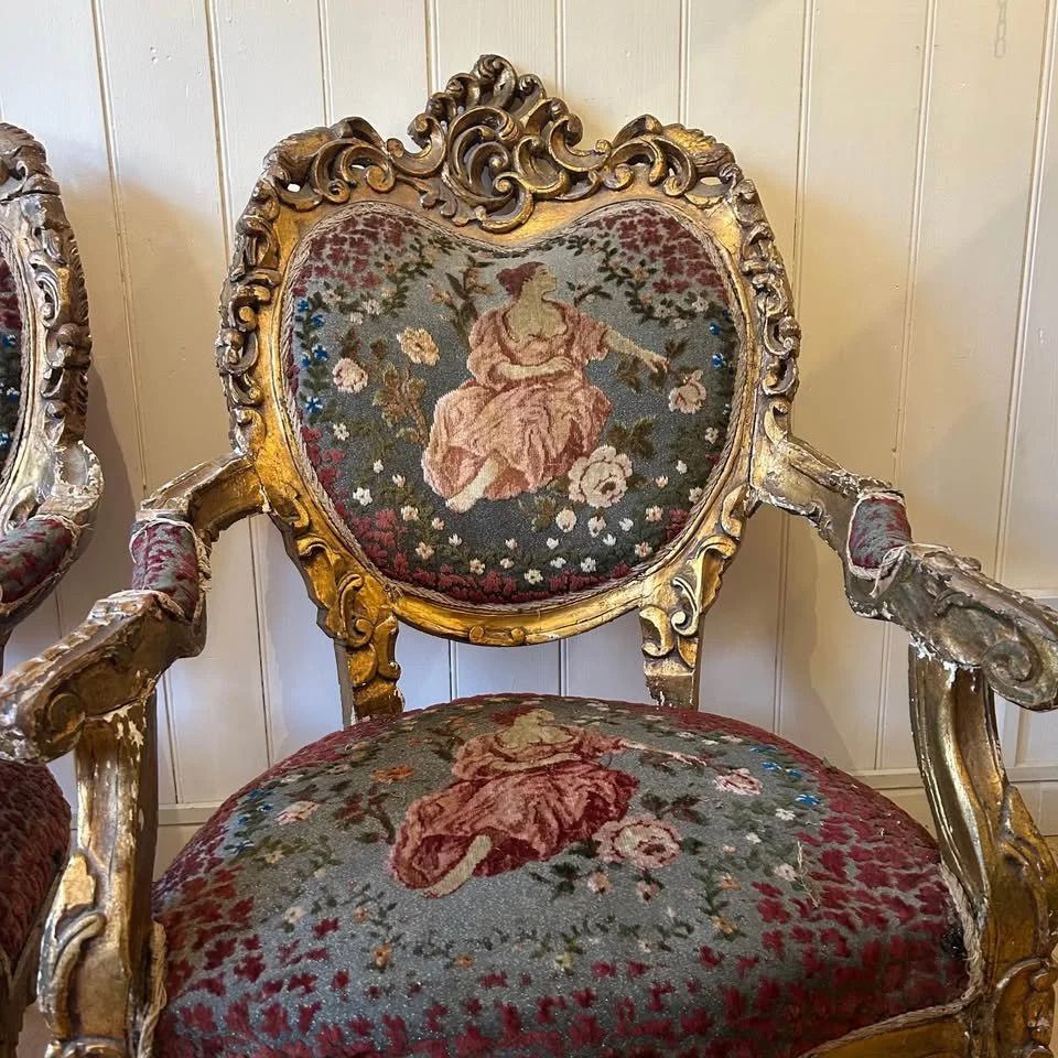 Pair Of Louis XV Style Gilt Throne Chairs photo for sale