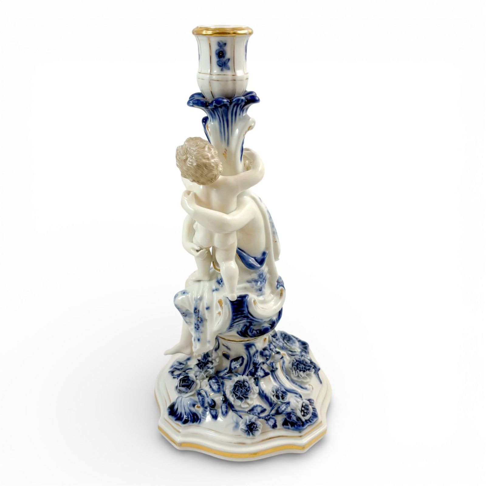 Antique Sitzendorf Porcelain Figural Candlestick Woman & Child Blue White photo for sale