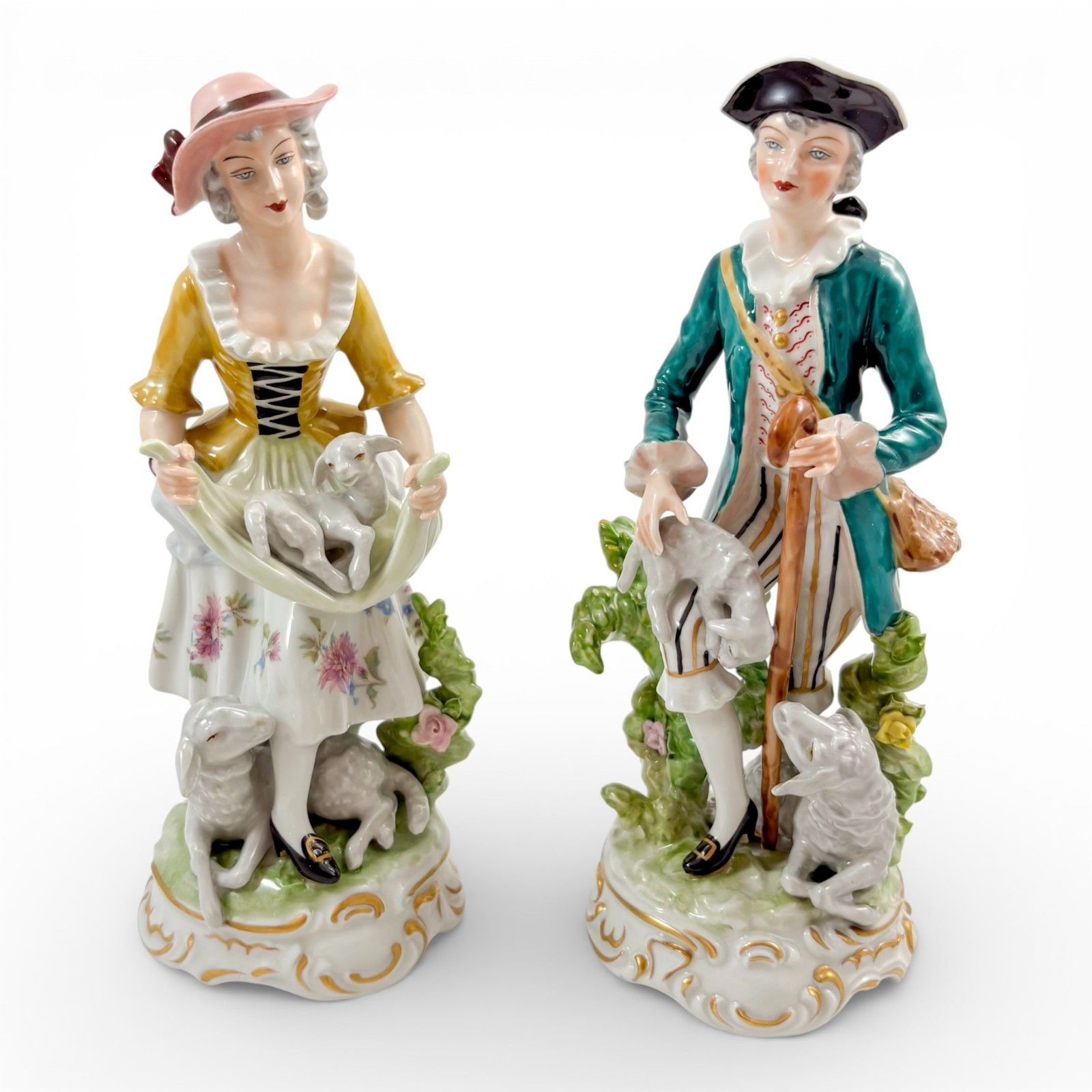 Antique German Porcelain Shepherd & Shepherdess Figurines Pair Pastoral