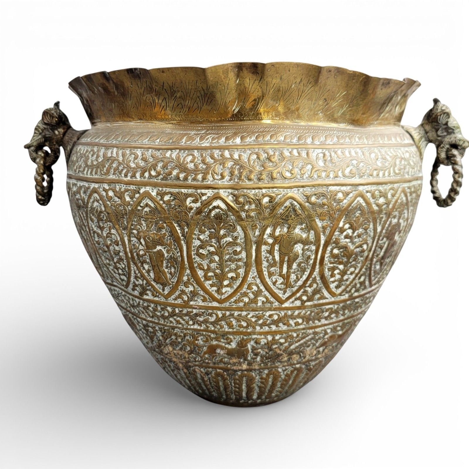 Large Indian Raj Period Hand Engraved Brass Jardinière, C. 1870–1890