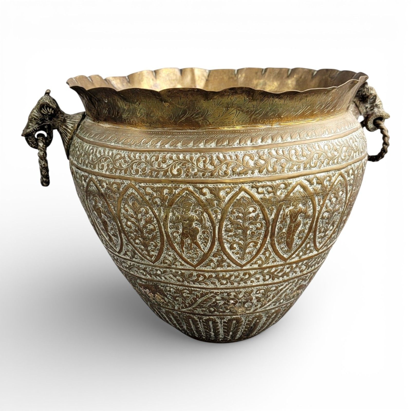 Large Indian Raj Period Hand Engraved Brass Jardinière, C. 1870–1890 photo 700.0