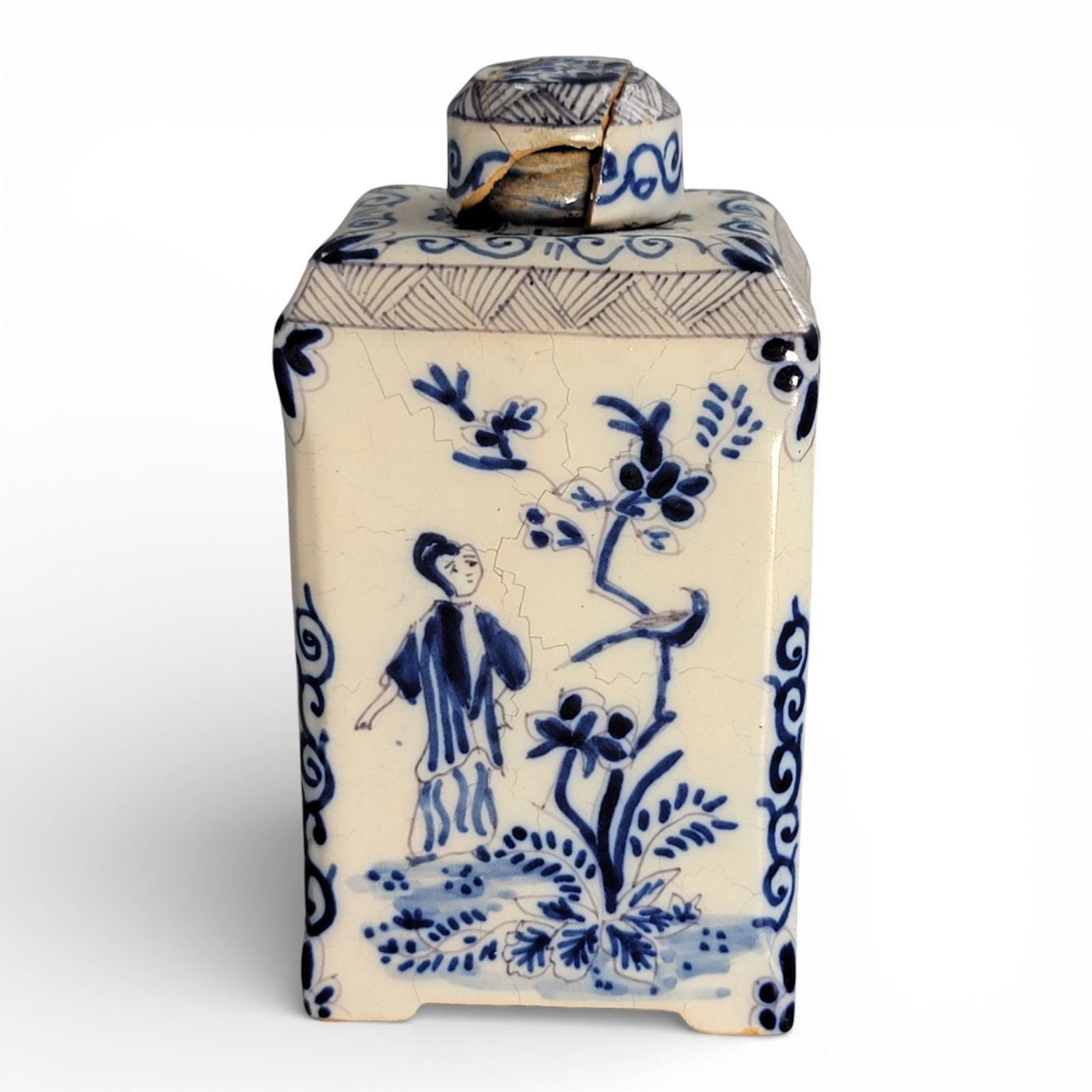 Antique Dutch Delft Blue & White Tea Caddy Chinoiserie 18th C 13.3cm photo for sale