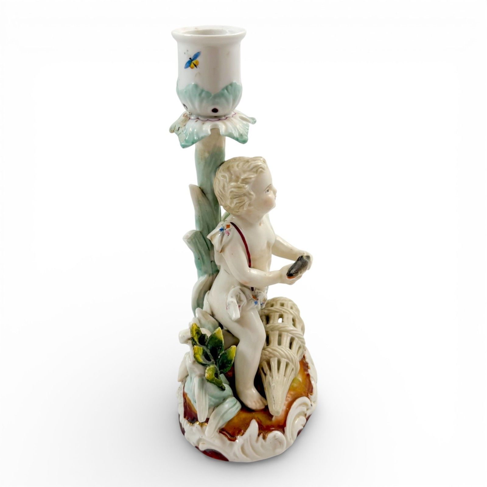 Antique 19th Century Continental Porcelain Cherub Candlestick With Floral Stem photo Home Decor