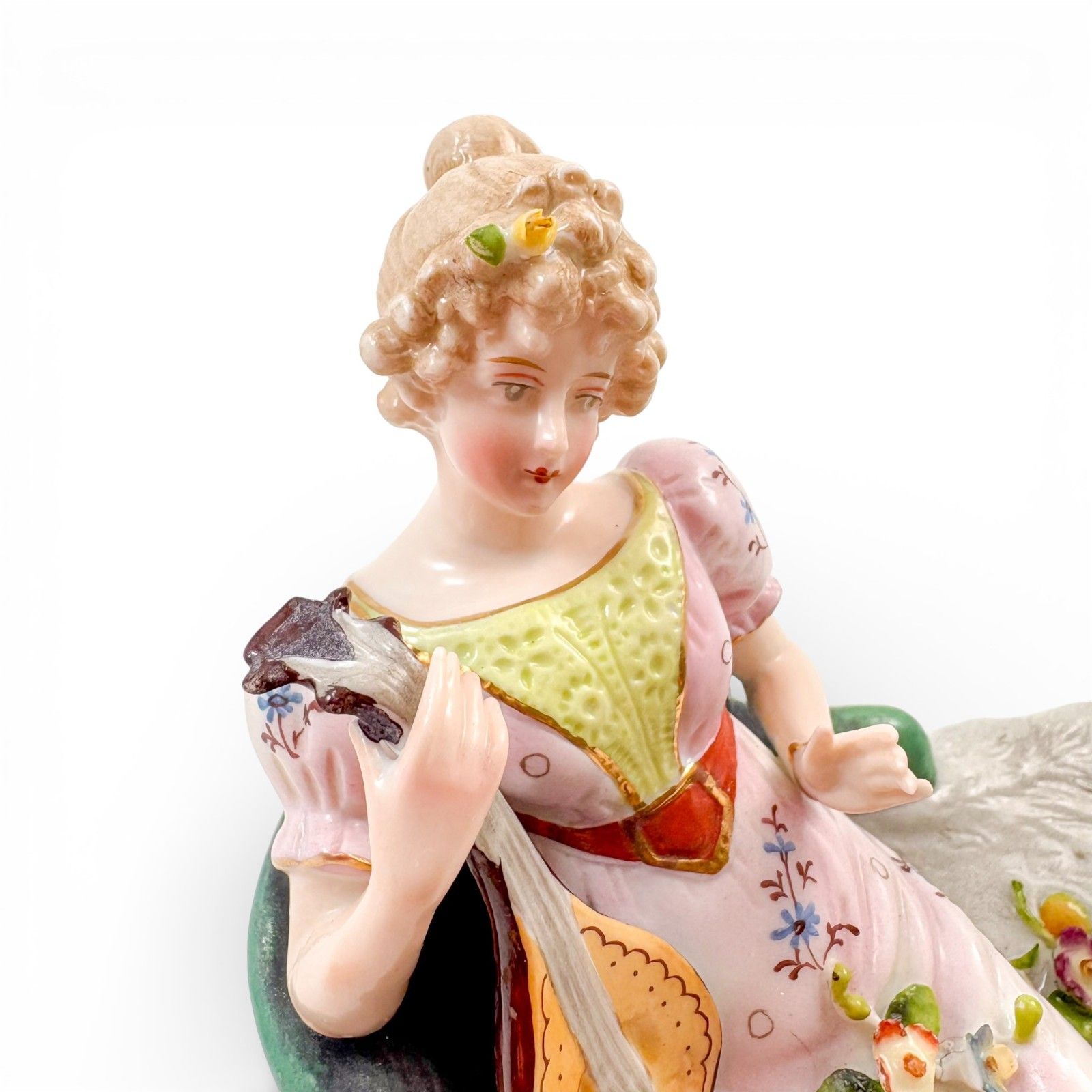 Home Decor Antique Sitzendorf Porcelain Figurine Lady With Cherub And Mandolin C. 1910 photo