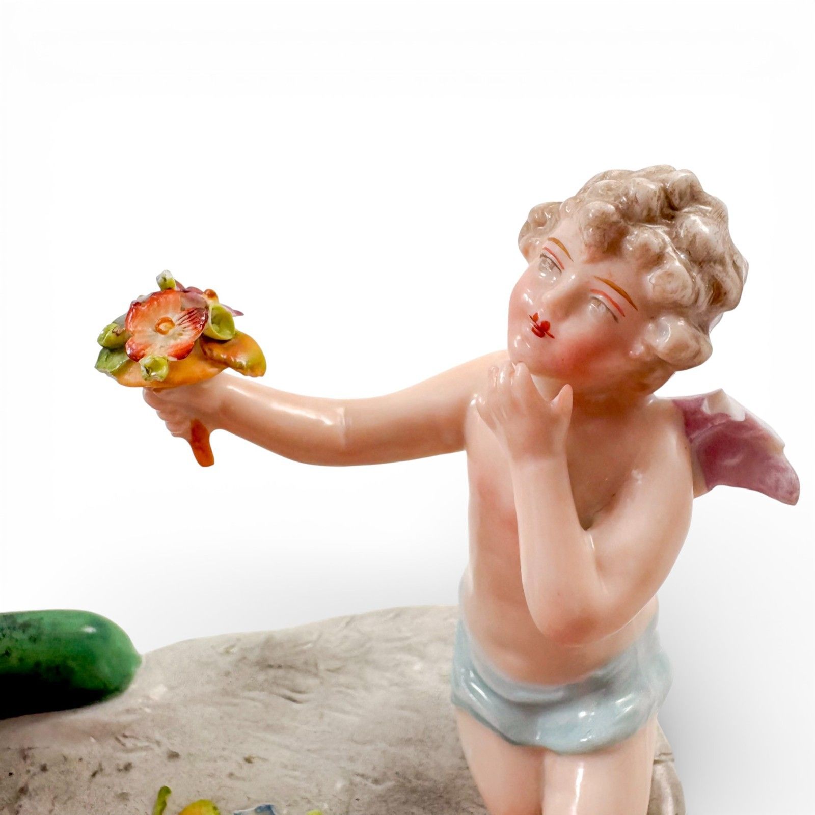 175.0 Antique Sitzendorf Porcelain Figurine Lady With Cherub And Mandolin C. 1910 photo