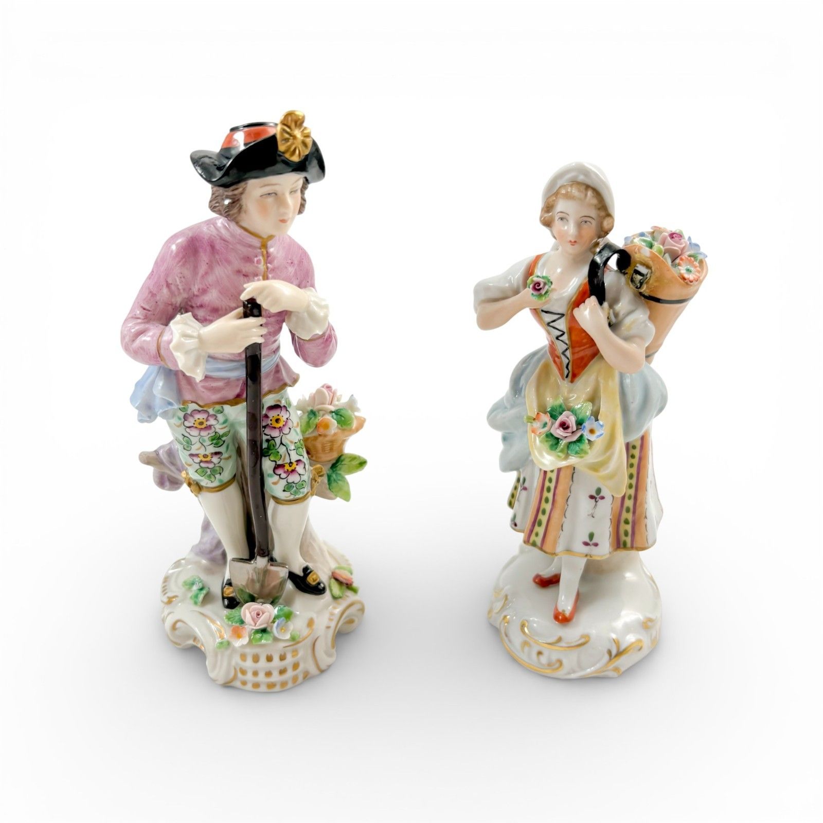 Antique German Sitzendorf Porcelain Figurines Pair Floral Sellers C.1930s