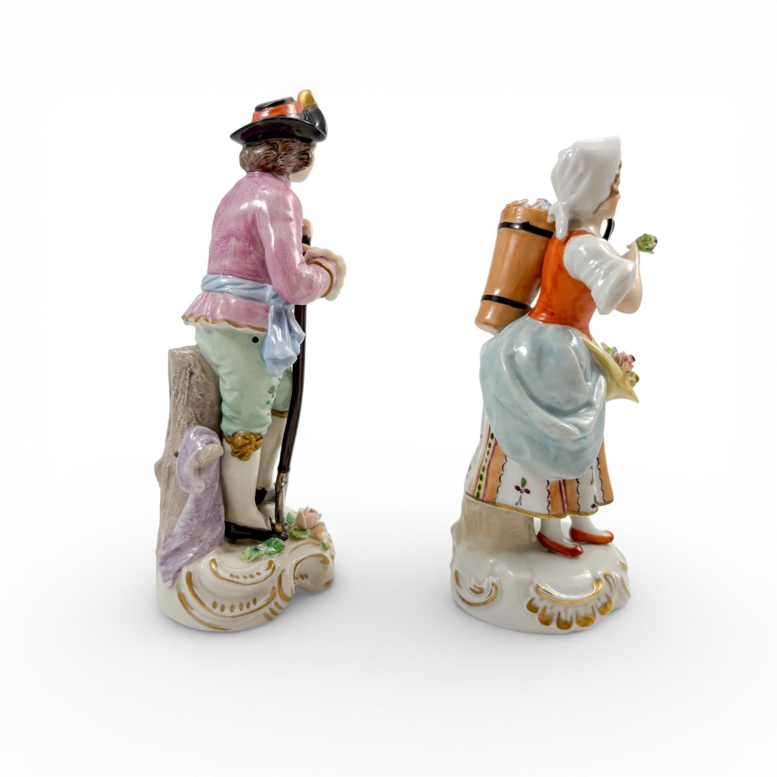 Antique German Sitzendorf Porcelain Figurines Pair Floral Sellers C.1930s photo furniture