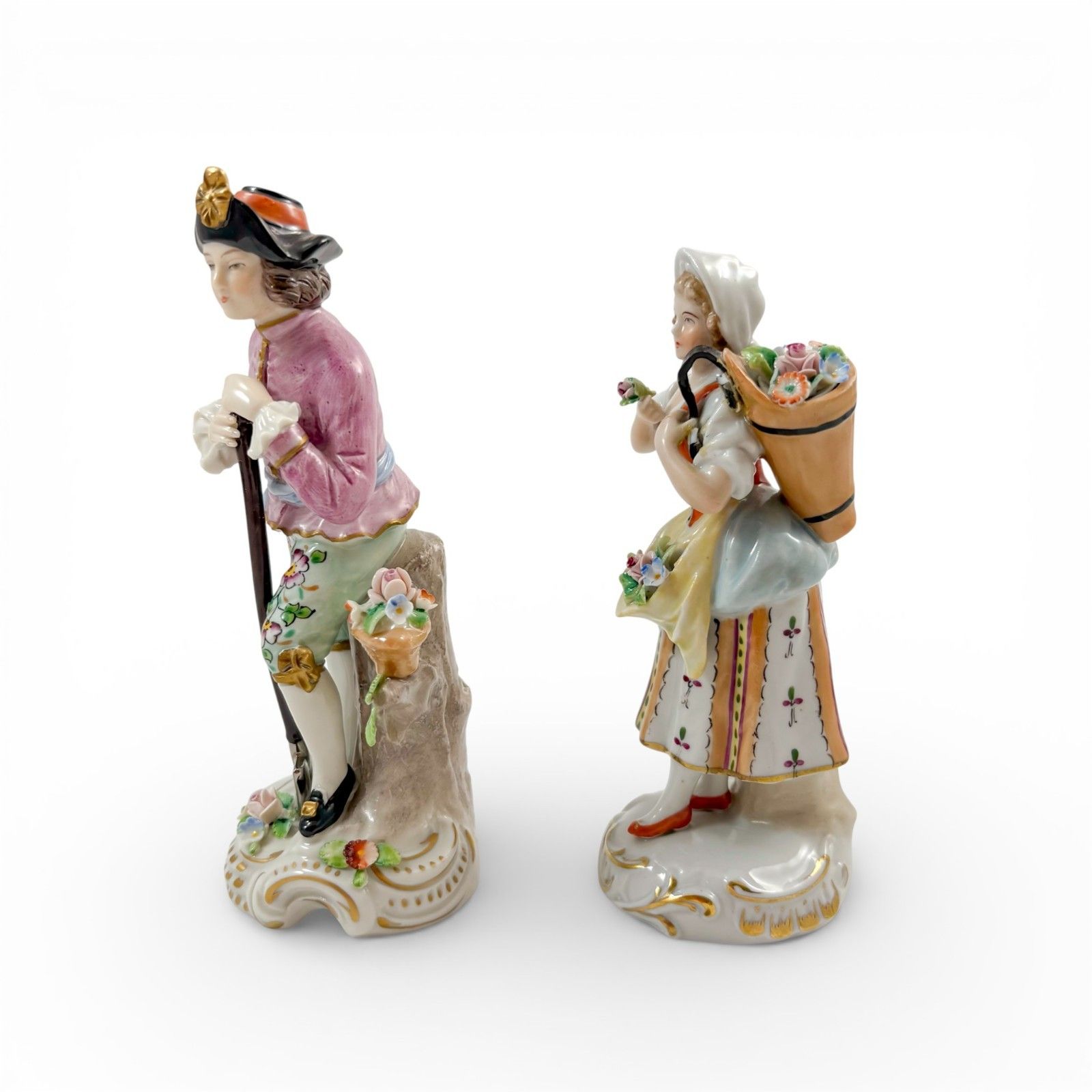 Antique German Sitzendorf Porcelain Figurines Pair Floral Sellers C.1930s photo Home Decor