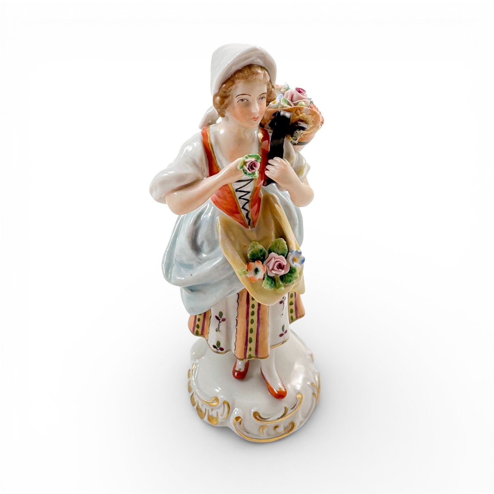 photo vinterior Antique German Sitzendorf Porcelain Figurines Pair Floral Sellers C.1930s