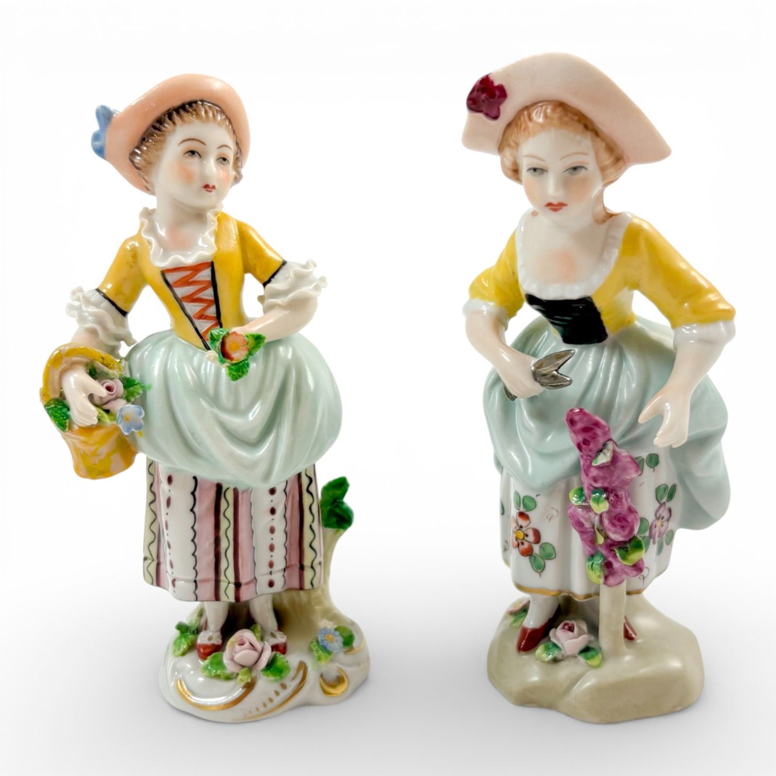 Antique German Sitzendorf Porcelain Flower Girl Figurines Pair, Rococo, C.1910's