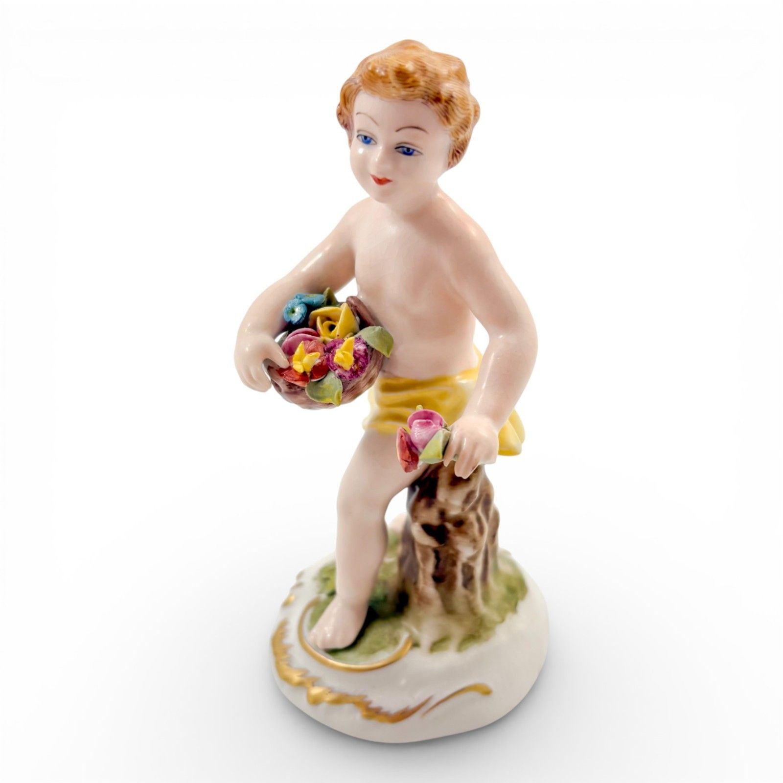 Antique German Porcelain Boy With Flower Basket Figurine, Dresden Style C.1900