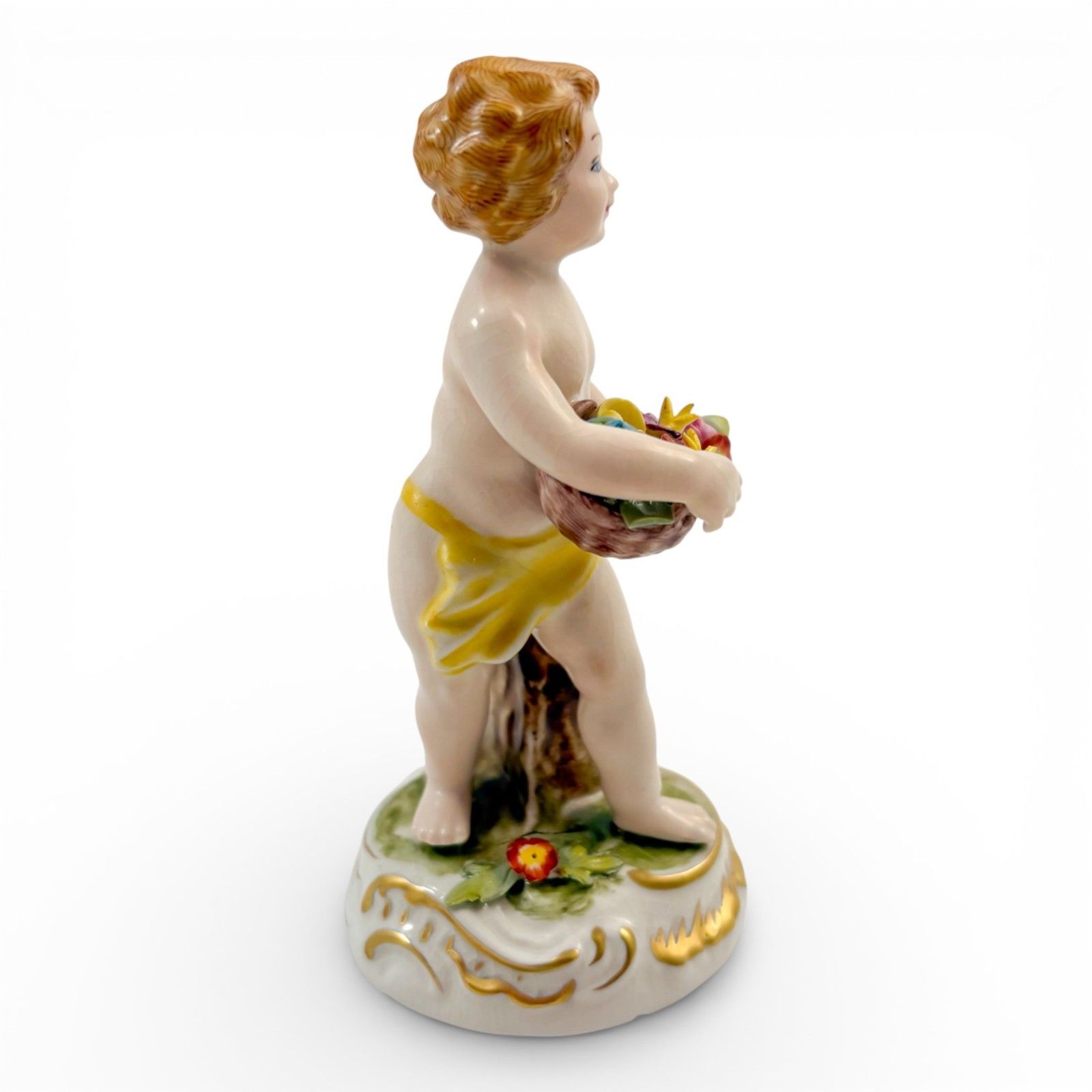 Antique German Porcelain Boy With Flower Basket Figurine, Dresden Style C.1900 photo for sale