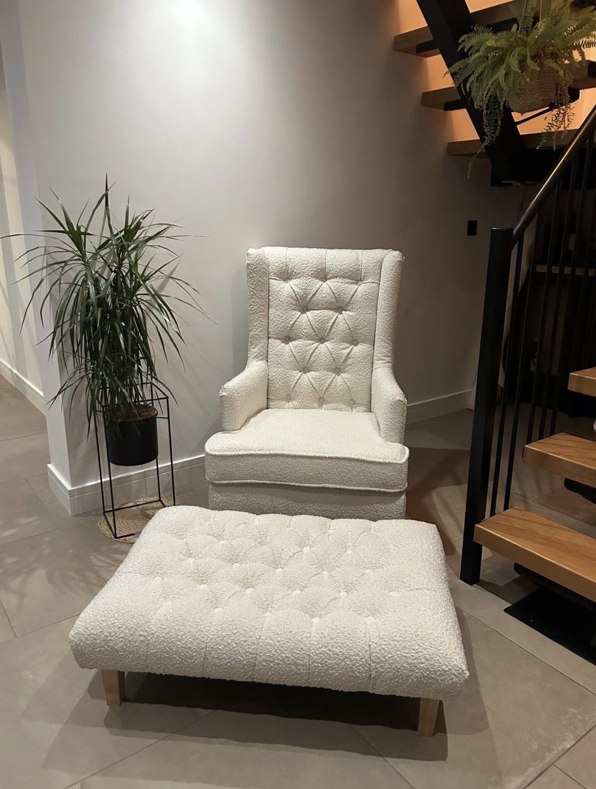 Winged Boucle Newly Upholstered Arm Chair