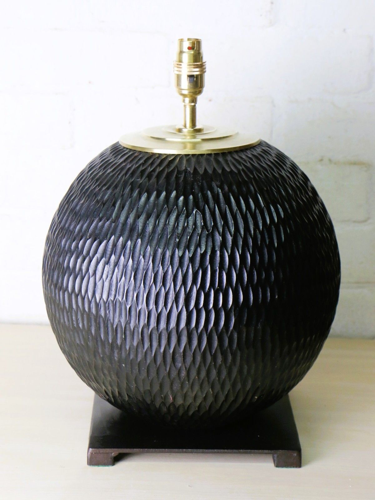 Table Lamp A Large Vintage Ethnic Wooden Chisel Carved Ball Lamp Ebonised Finish photo for sale
