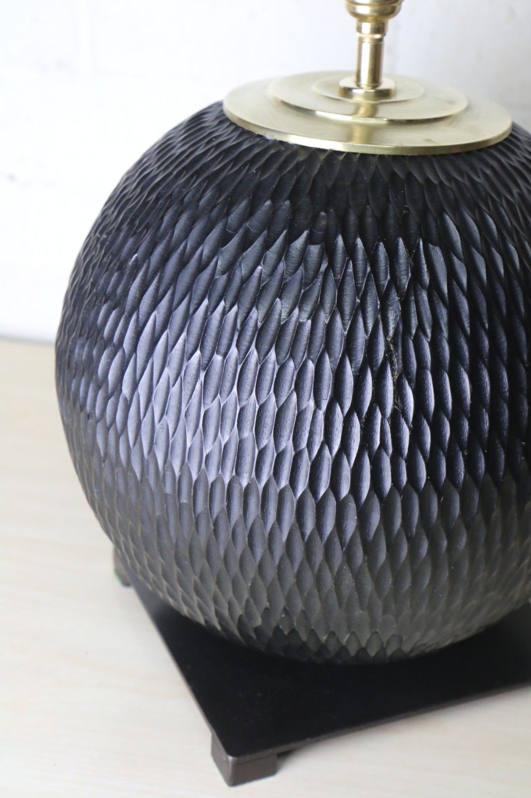 Table Lamp A Large Vintage Ethnic Wooden Chisel Carved Ball Lamp Ebonised Finish photo vintage