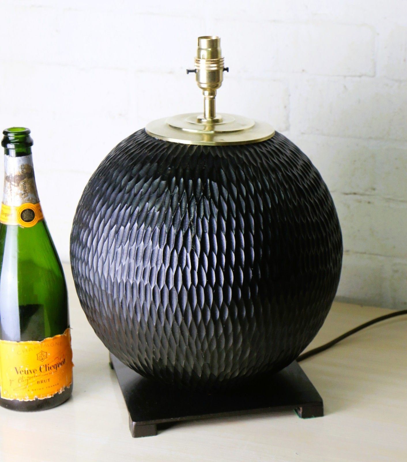 photo furniture Table Lamp A Large Vintage Ethnic Wooden Chisel Carved Ball Lamp Ebonised Finish