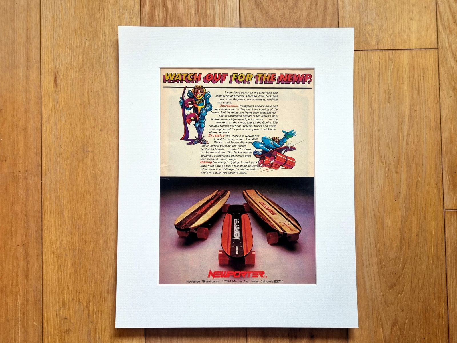 Vintage Skateboard Magazine Ad, Newporter Skateboards Print, 1970s California Skate Culture, Mounted Wall Art