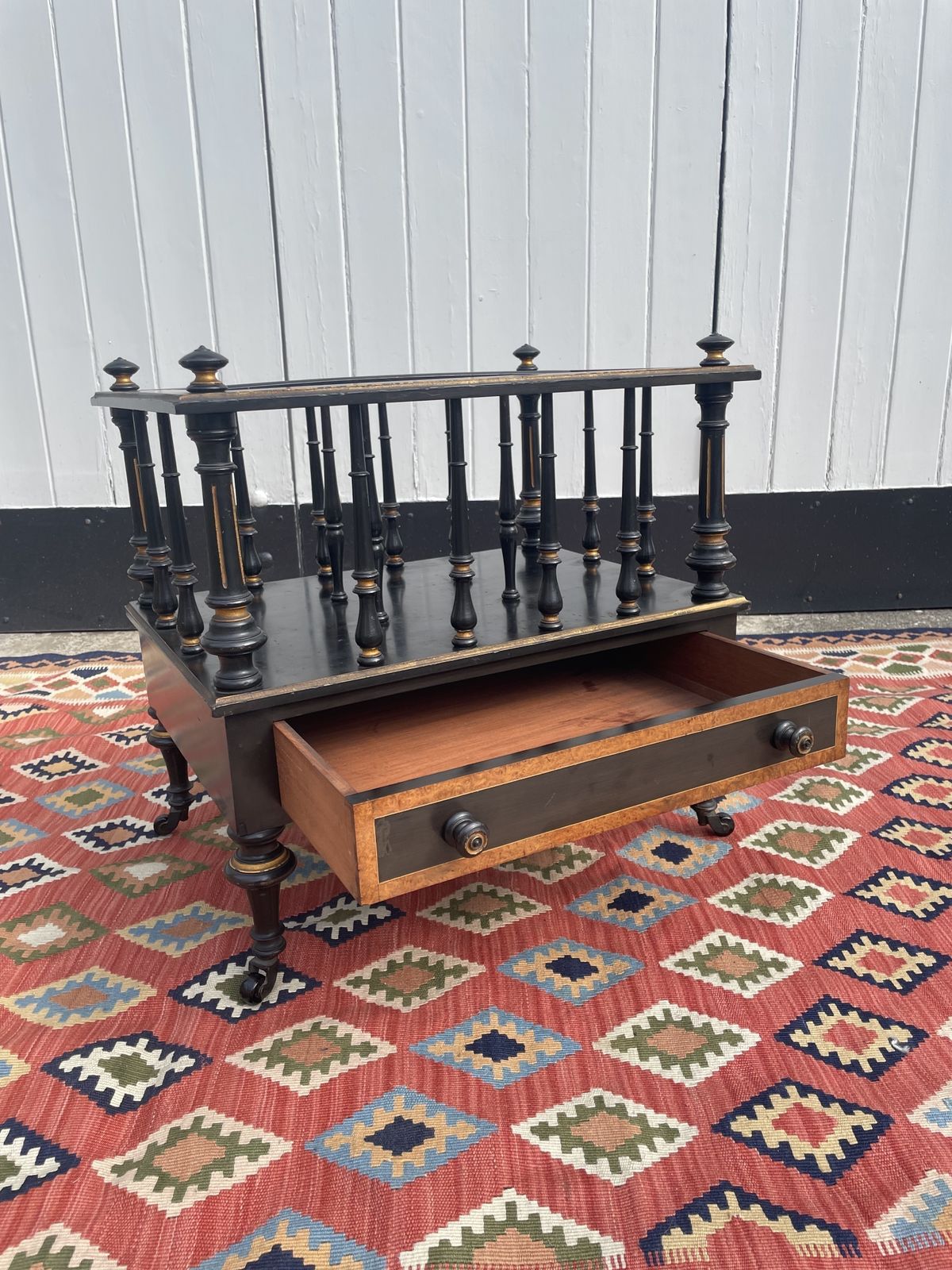 Victorian Ebonised Canterbury With Single Freeze Draw, Inlayed With Burr Walnut And Turned Handles photo furniture