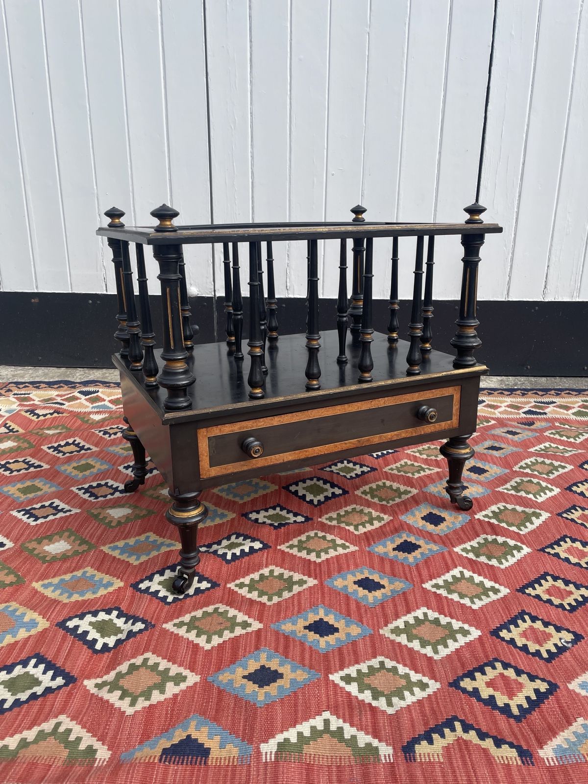 Victorian Ebonised Canterbury With Single Freeze Draw, Inlayed With Burr Walnut And Turned Handles photo Home Decor