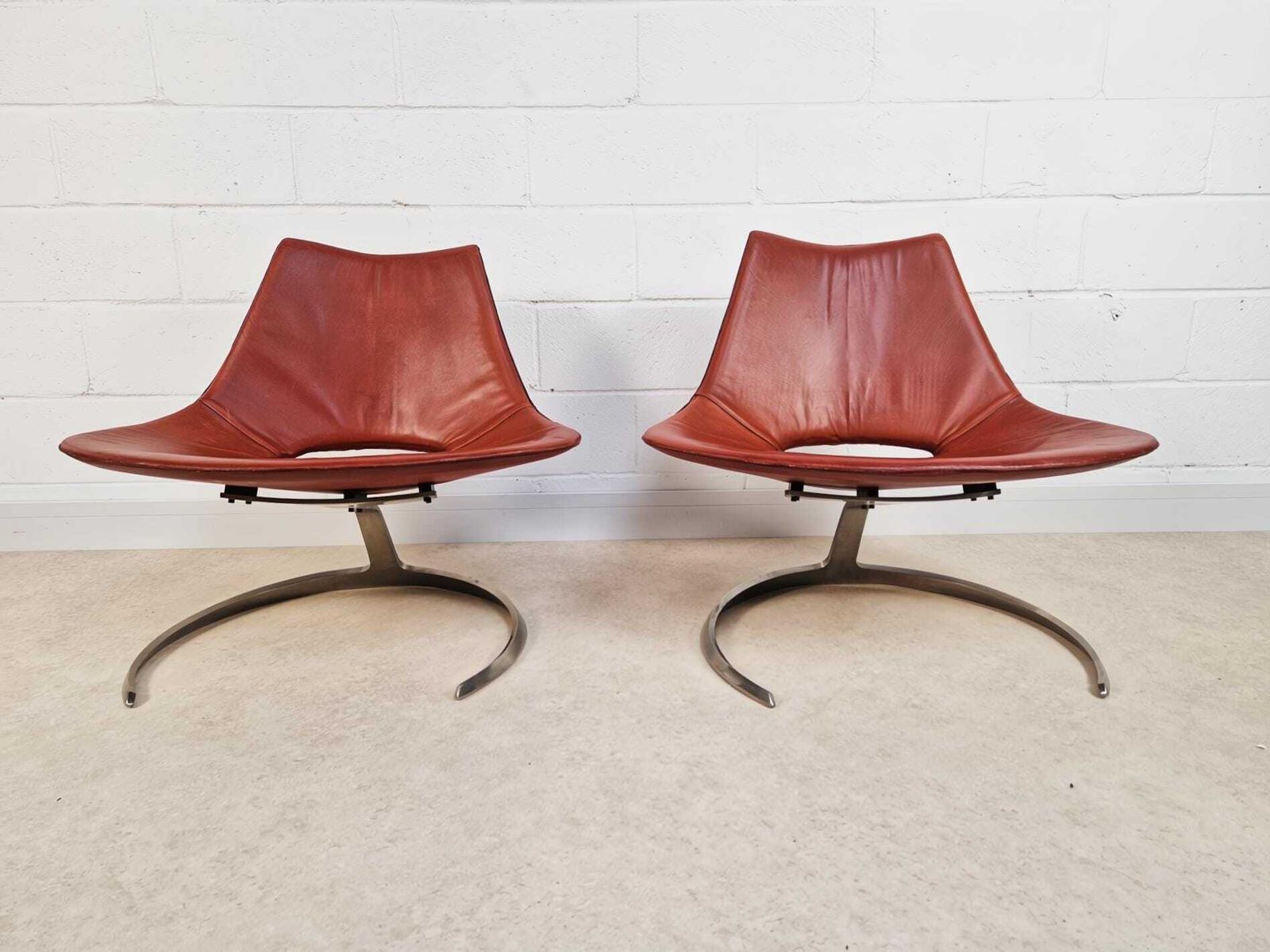 Preben Fabricius & Jørgen Kastholm Pair Scimitar Is63 Mid Century Leather Lounge Chairs photo furniture
