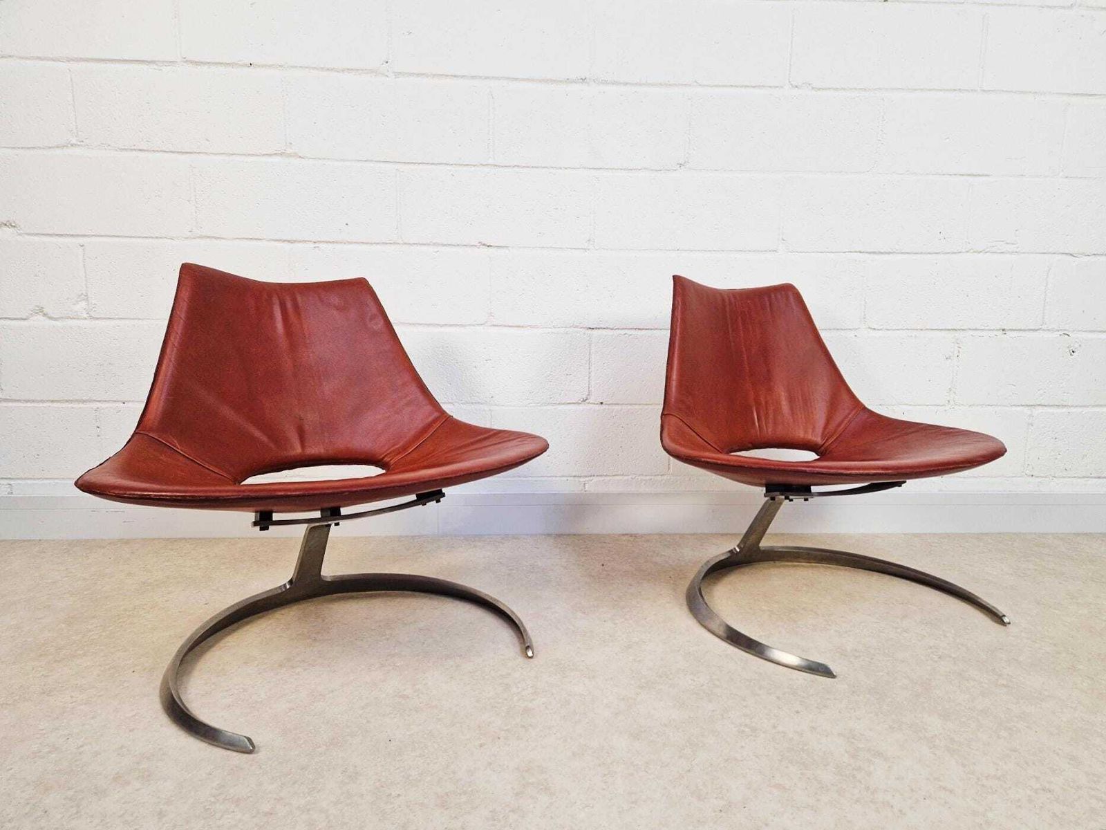 Preben Fabricius & Jørgen Kastholm Pair Scimitar Is63 Mid Century Leather Lounge Chairs photo for sale