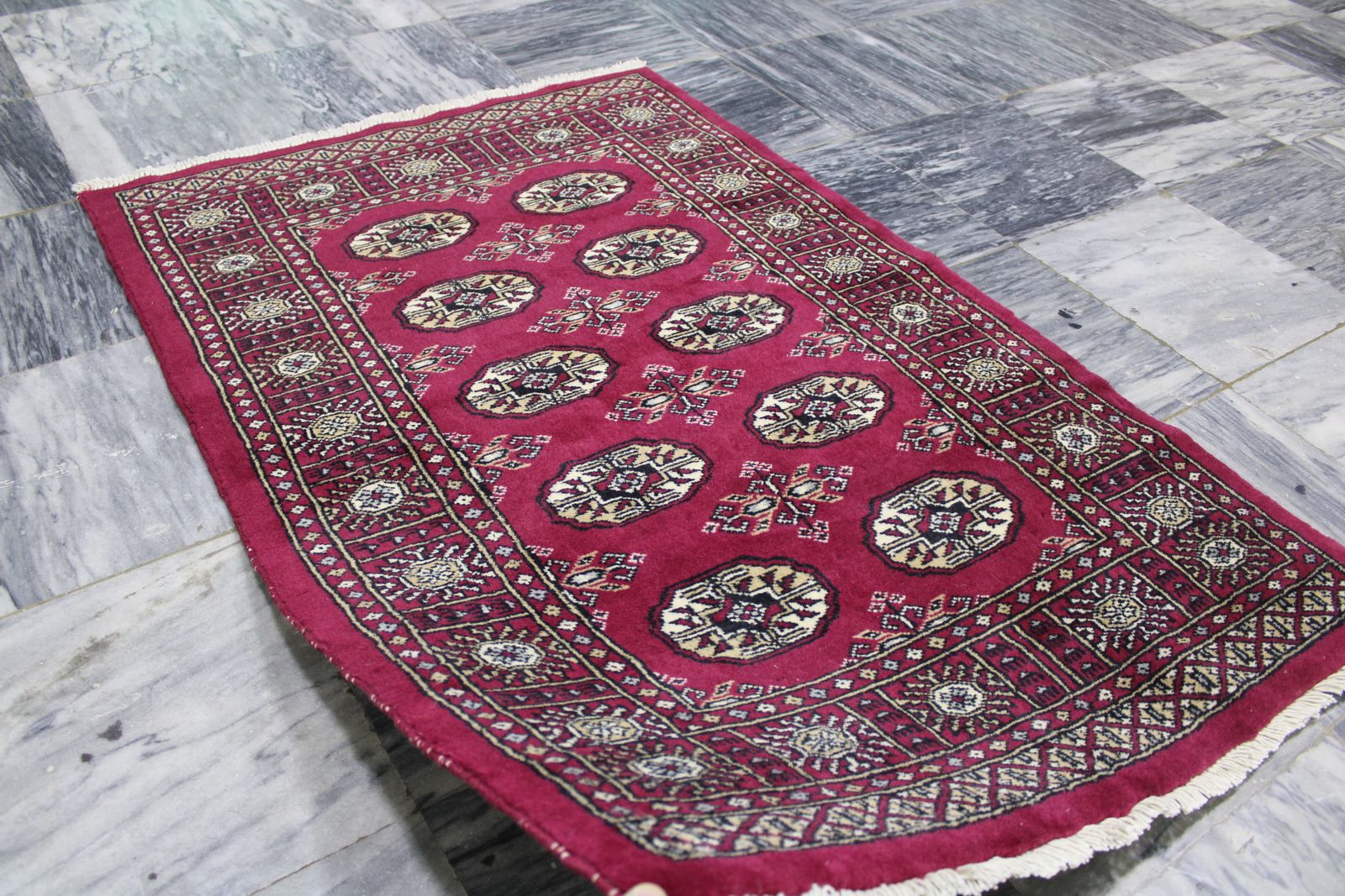 Red Tribal Bokhara Rug – Hand Knotted Geometric Carpet photo for sale