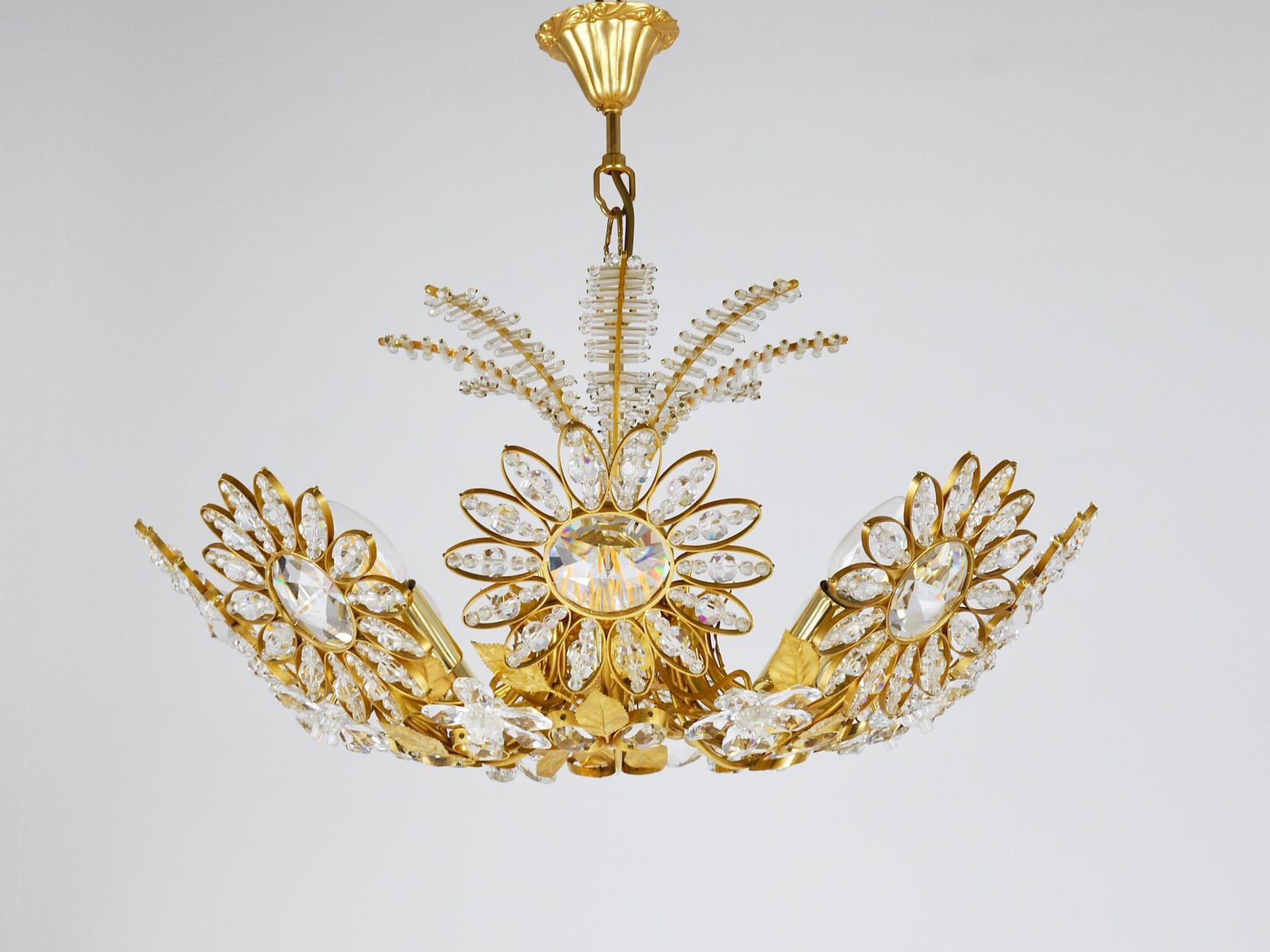 Ernst Palme Large Palwa Flower Palm Tree Chandelier, Gilt Brass, Crystals, 1970s photo furniture