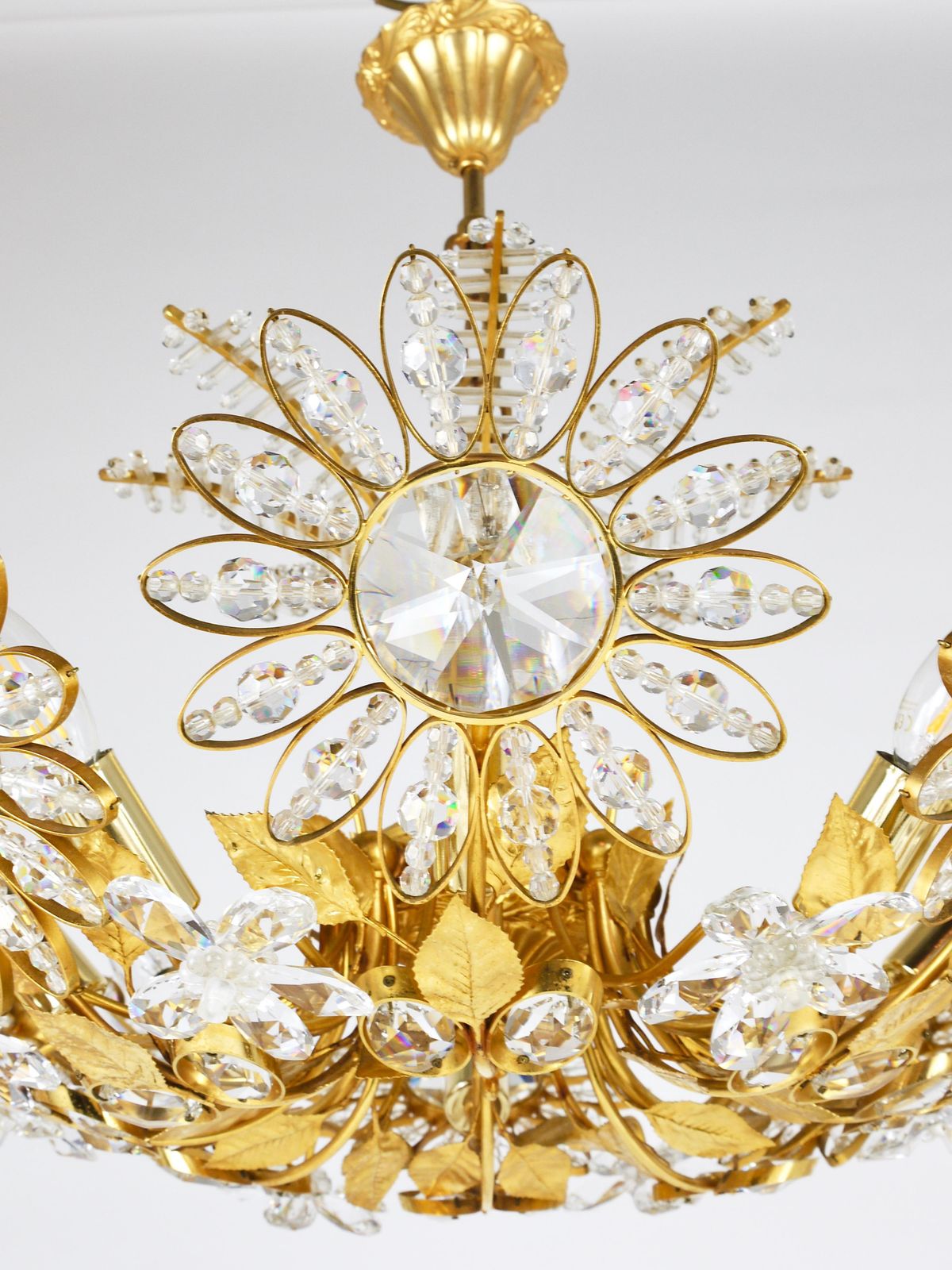 Ernst Palme Large Palwa Flower Palm Tree Chandelier, Gilt Brass, Crystals, 1970s photo Lighting