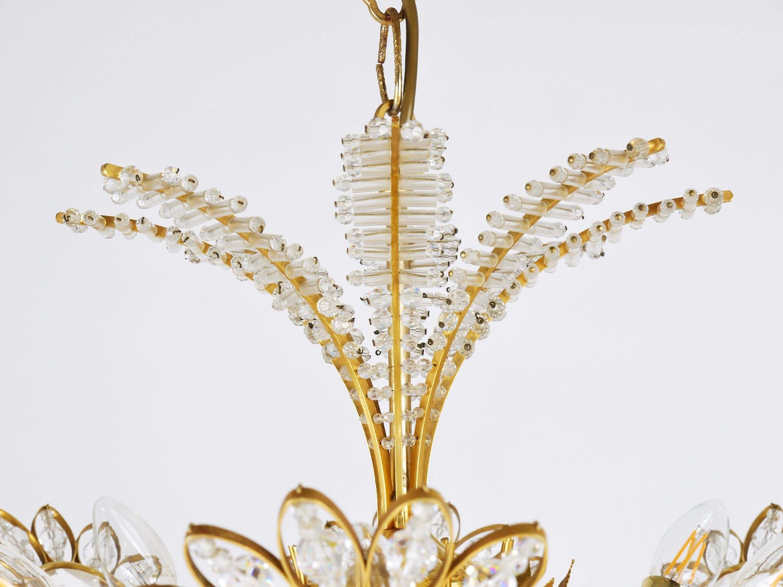 Ernst Palme Large Palwa Flower Palm Tree Chandelier, Gilt Brass, Crystals, 1970s photo 2757.0