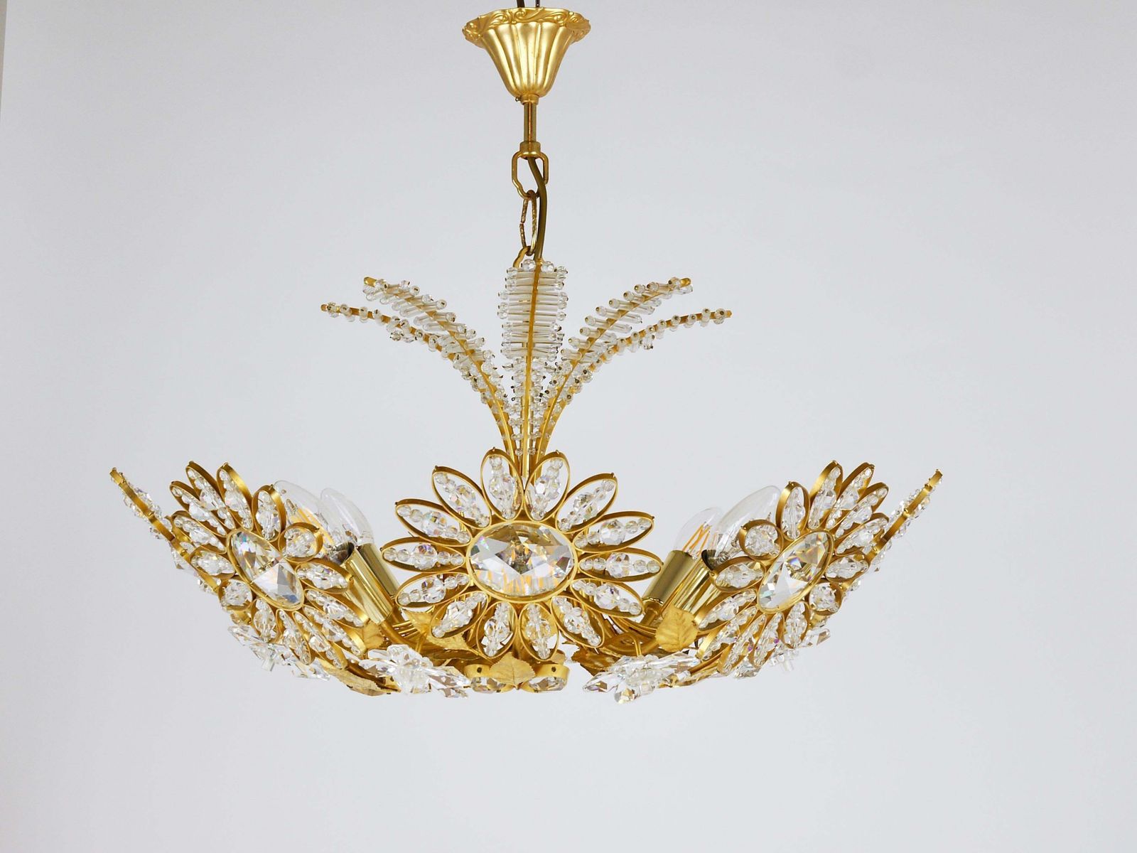 Ernst Palme Large Palwa Flower Palm Tree Chandelier, Gilt Brass, Crystals, 1970s photo buy