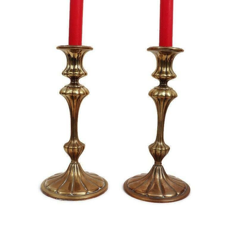 Antique Continental Brass Candlesticks Holders Pair H 9.7'', Large Antique Candle Holders. photo furniture